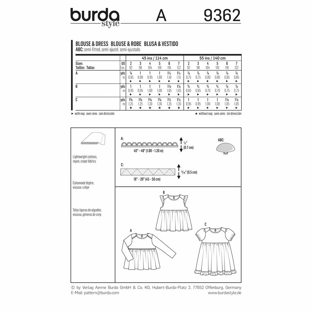 BURDA Sewing Pattern Pattern 9362 Child Dress/top