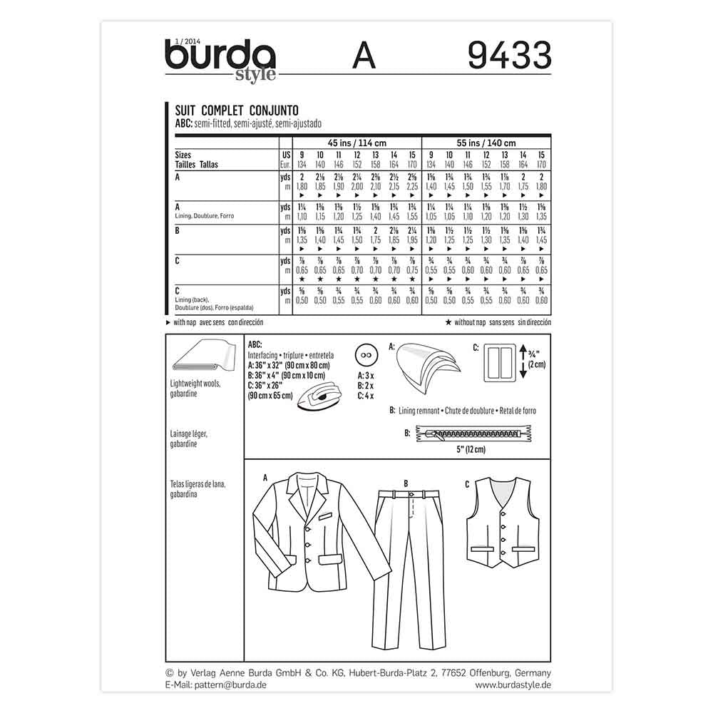 BURDA Kids Sewing Pattern 9433 Kids Suit