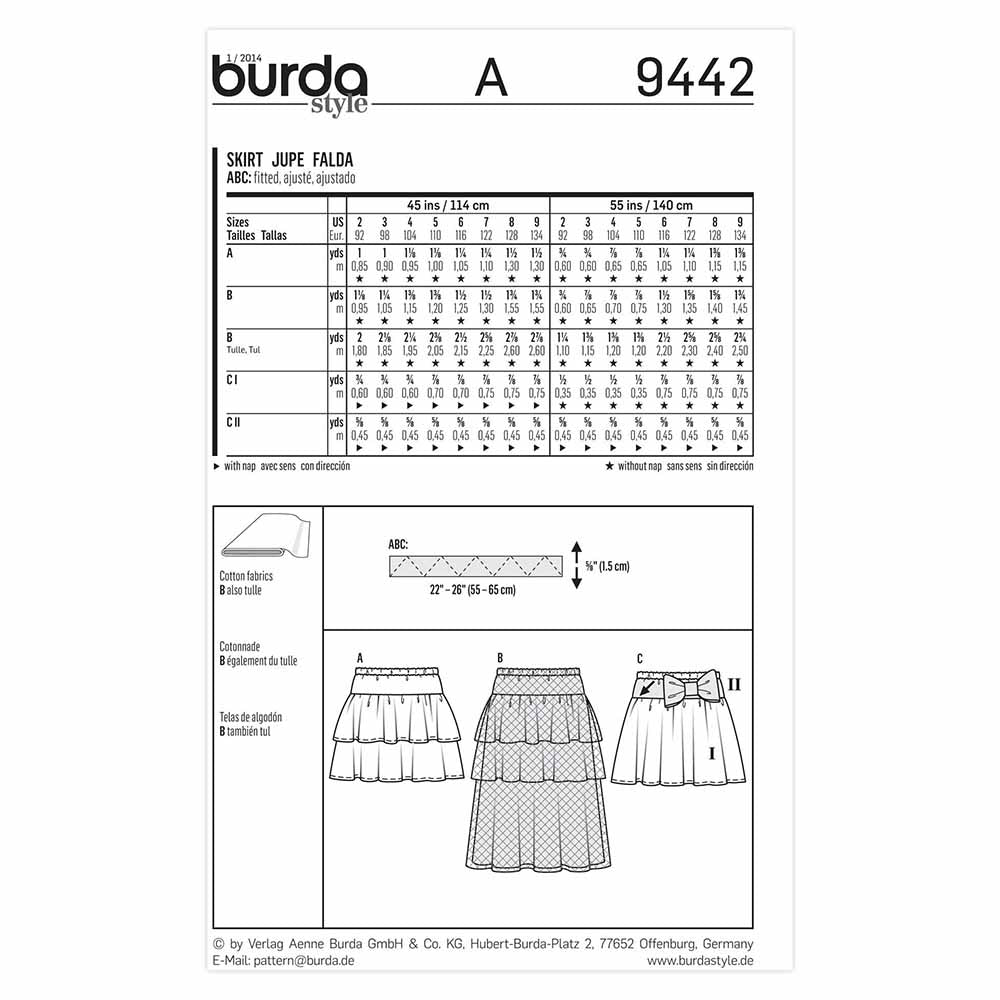 BURDA Kids Sewing Pattern 9442 Kids Skirt