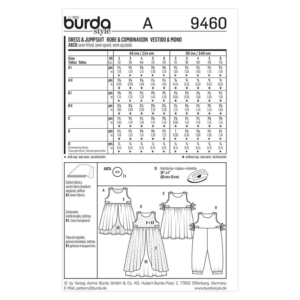 BURDA Kids Sewing Pattern 9460 Kids Dress & Jumpsuit