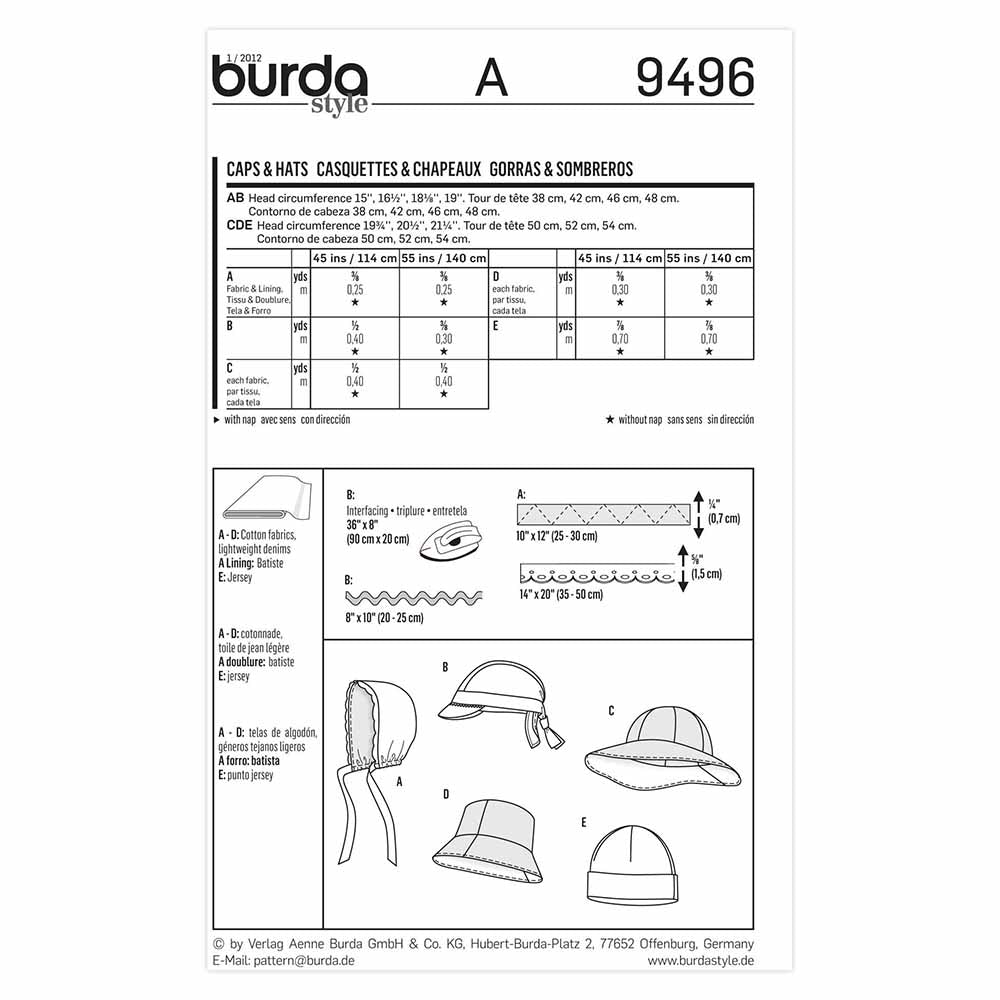 BURDA Kids Sewing Pattern 9496 Kids Caps/hats