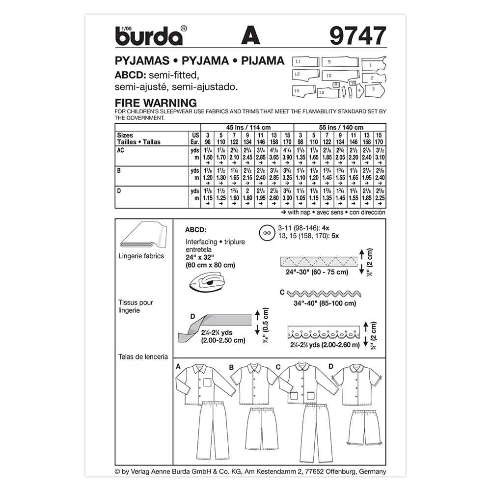 BURDA Sewing Pattern #9747 Child Pyjamas