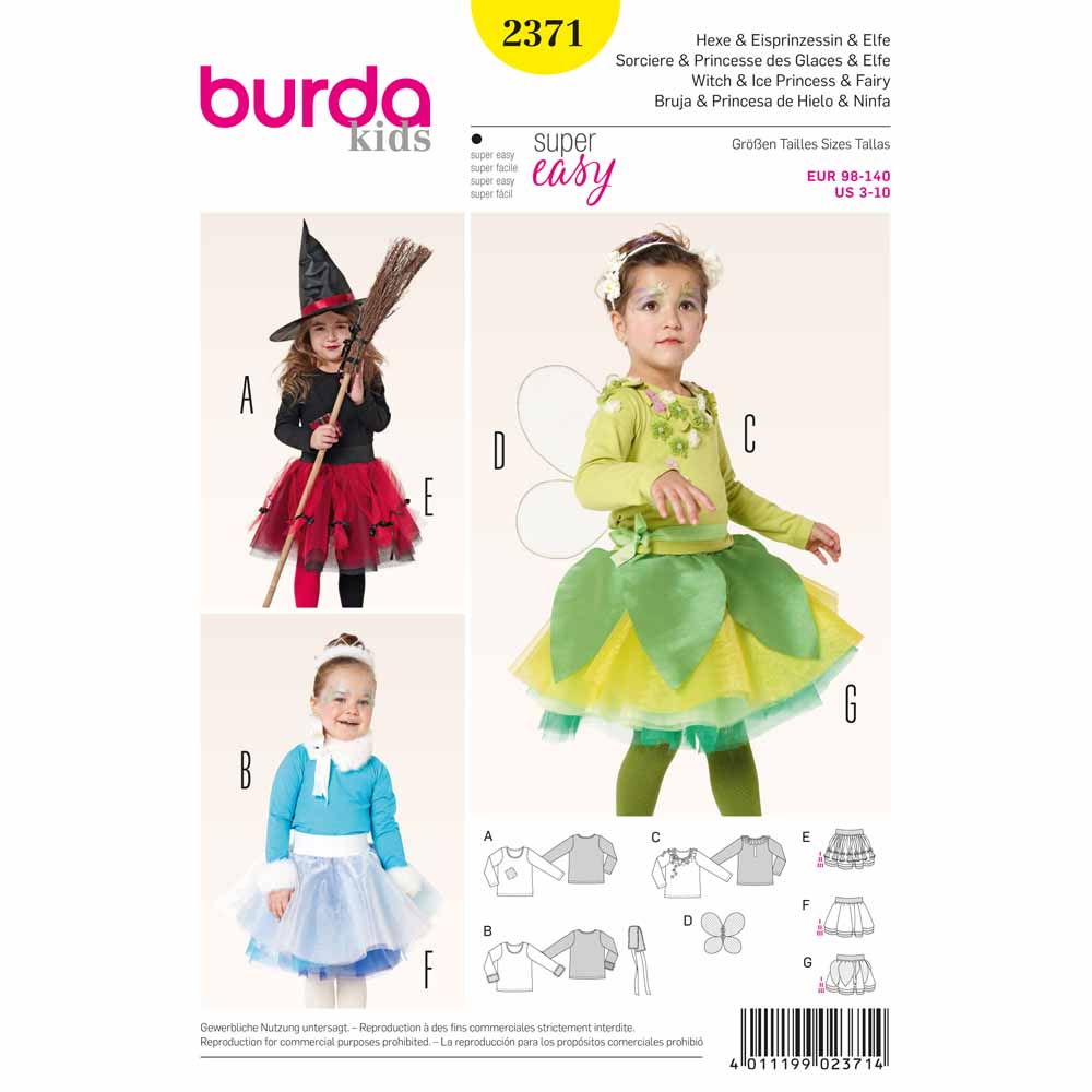 BURDA Carnival - 2371 Girls Costume Pattern - Witch & Ice Princess & Fairy
