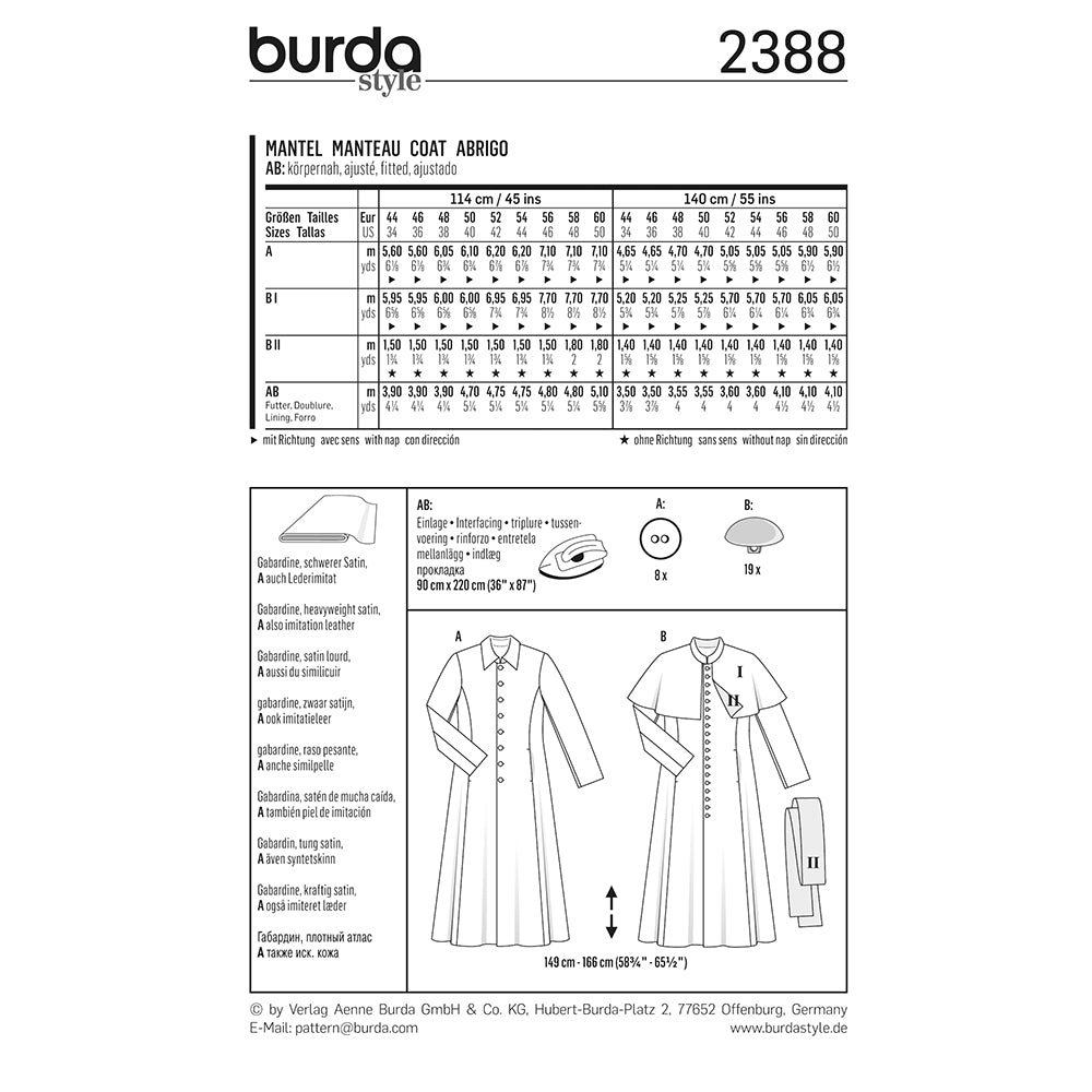 BURDA Carnival Sewing Pattern #2388 Mens Coat