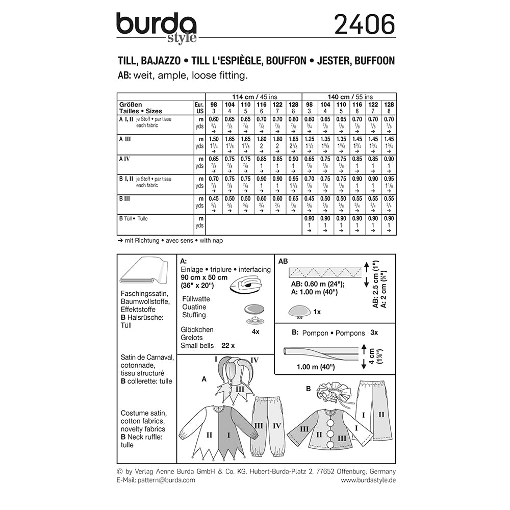 BURDA Carnival Sewing Pattern #2406 Kids Jester & Buffoon