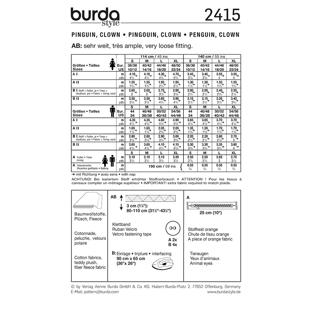 BURDA Carnival Sewing Pattern 2415 Adults Clown & Penguin Costume