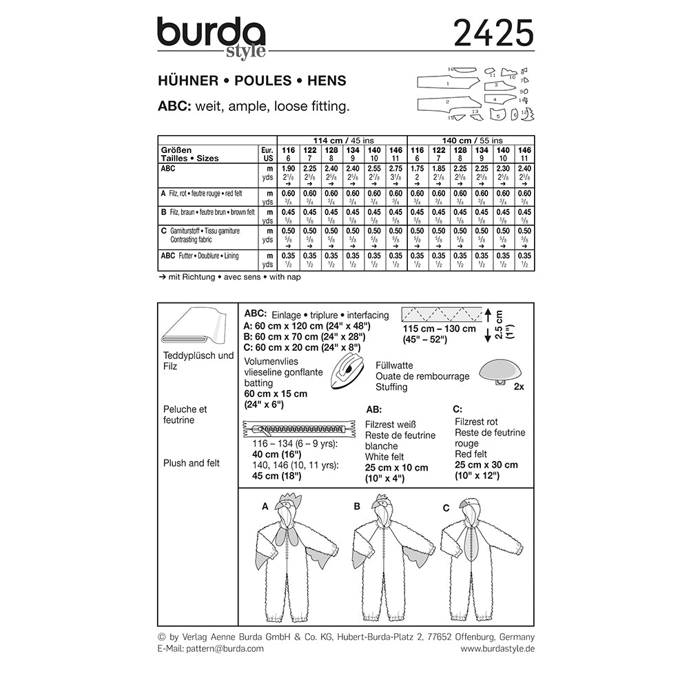 BURDA Carnival Sewing Pattern 2425 Kids Hens Costume