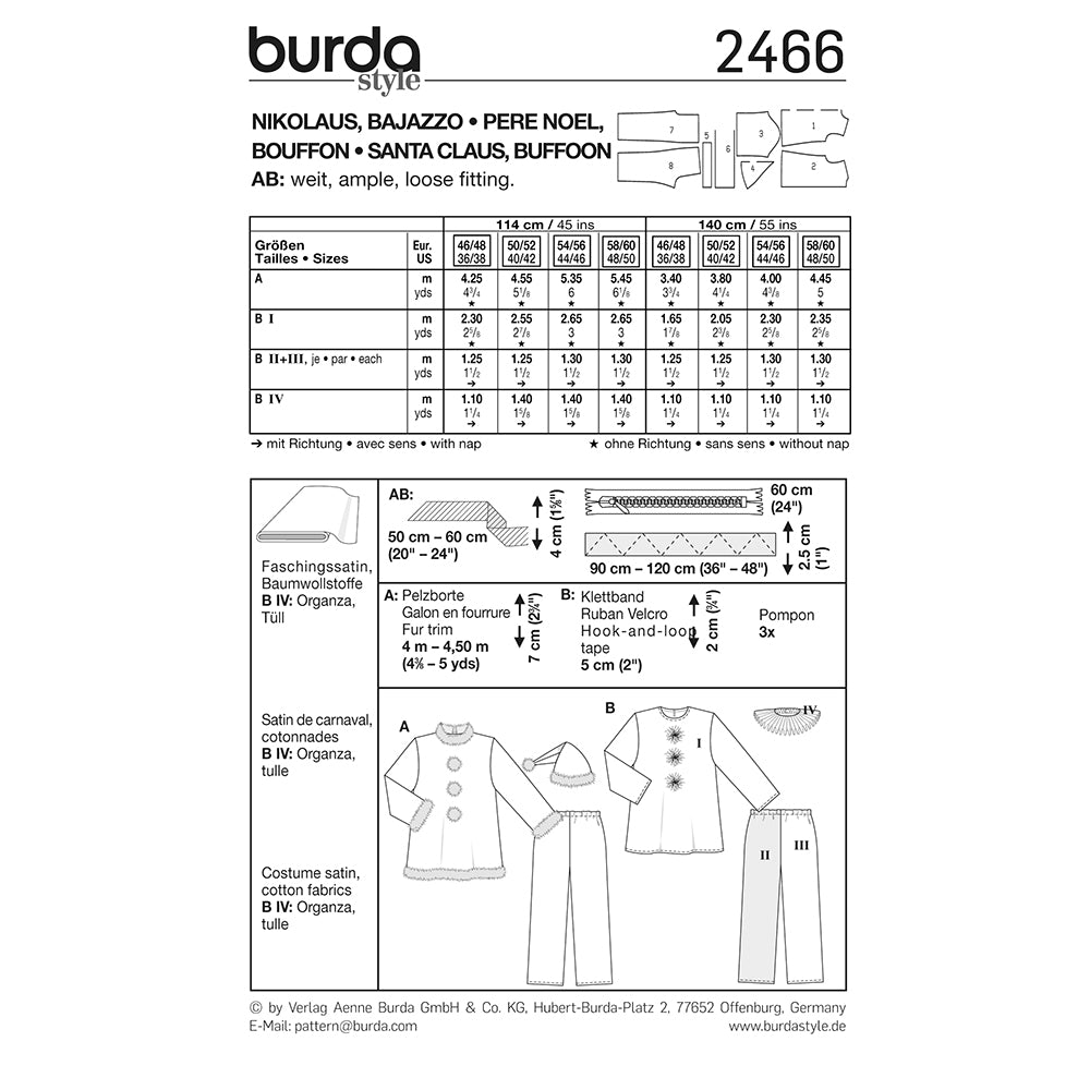 BURDA Carnival Sewing Pattern 2466 Men Santa Claus & Buffoon Costume