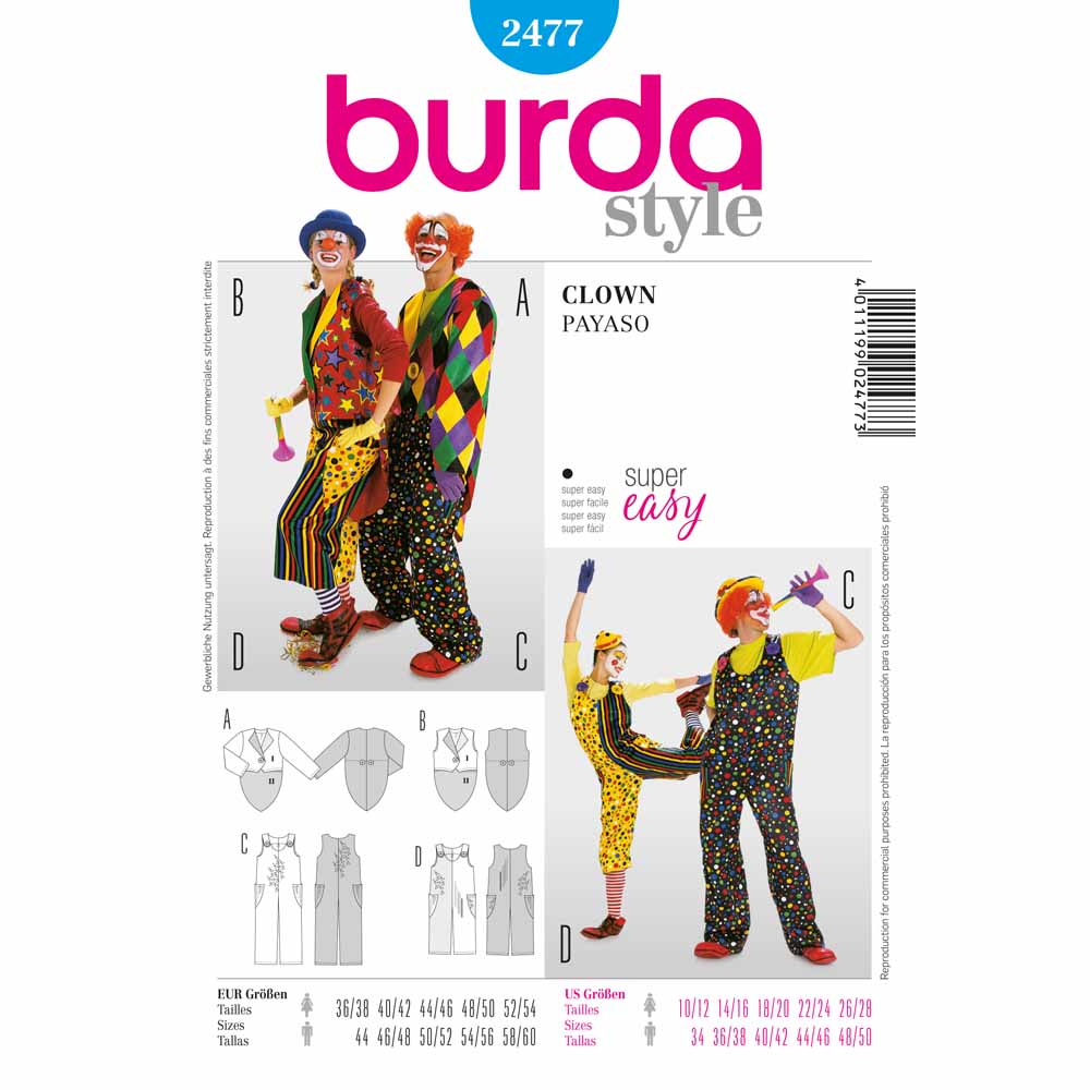 BURDA Carnival - 2477 Adult Costume Pattern - Clown