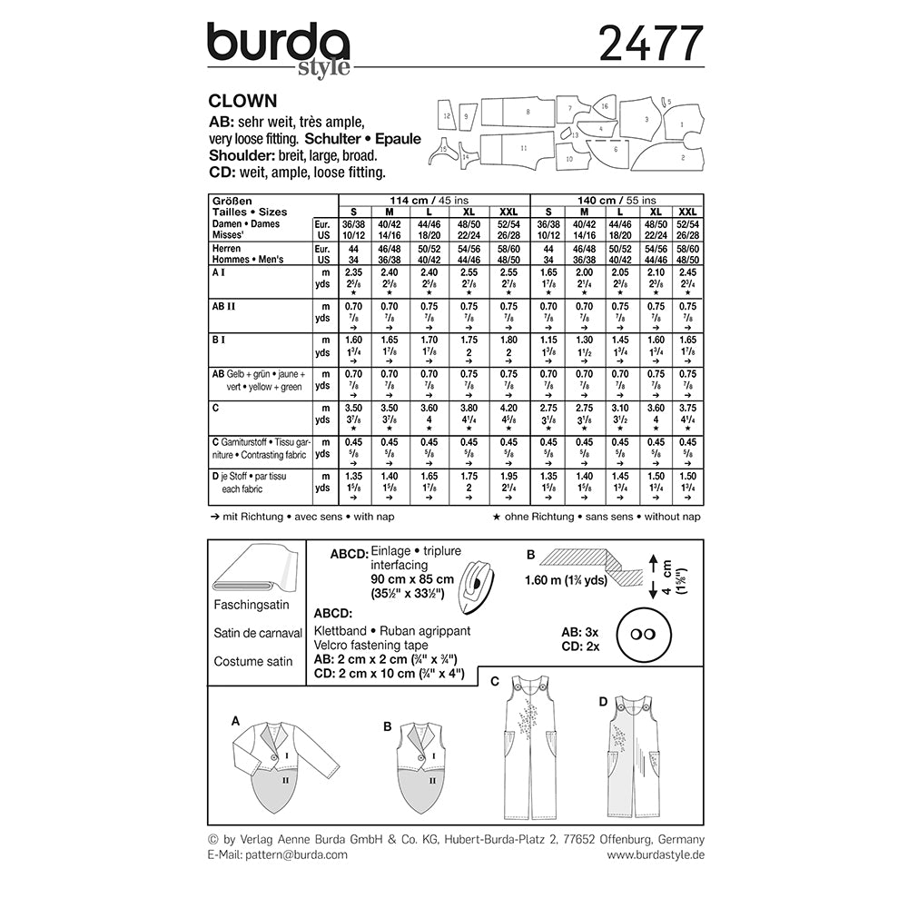 BURDA Carnival Sewing Pattern Pattern 2477 Adult Costume Pattern Clown