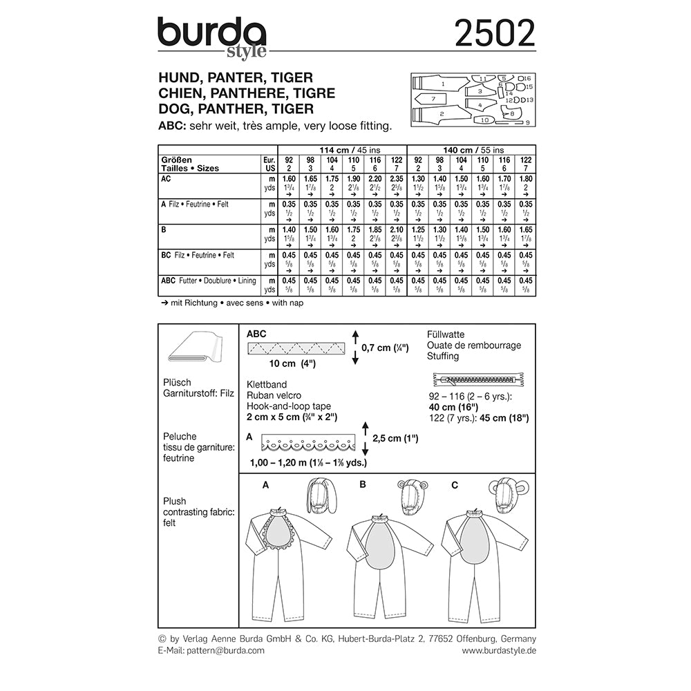 BURDA Carnival Sewing Pattern Pattern 2502 Kids Costume Pattern Dog & Panther & Tiger