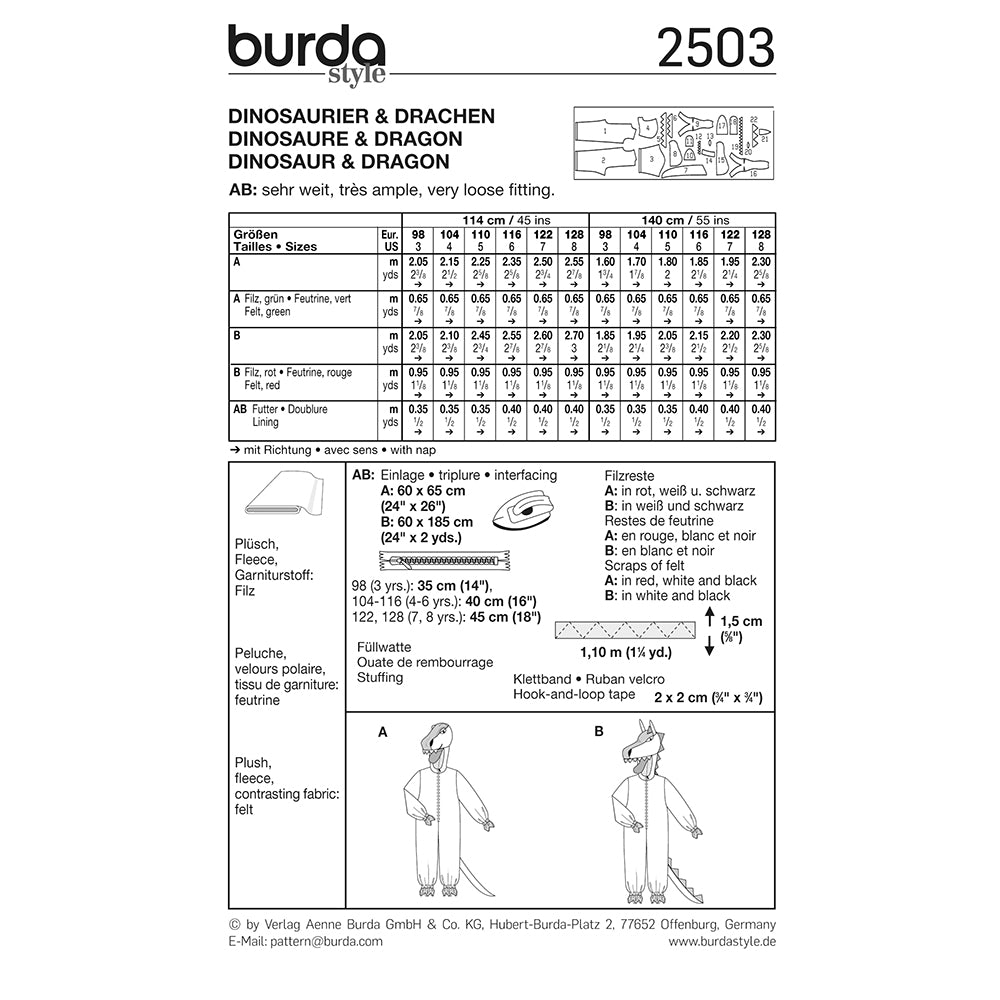 BURDA Carnival Sewing Pattern Pattern 2503 Kids Costume Pattern Dinosaur & Dragon