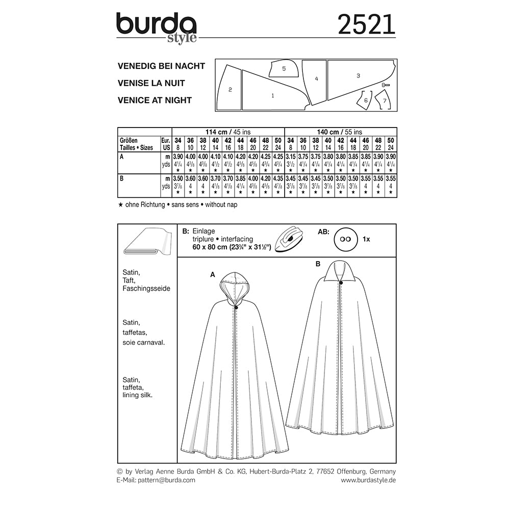 BURDA Carnival Sewing Pattern Pattern 2521 Adult Costume Pattern Venice At Night