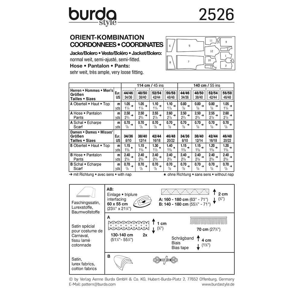 BURDA Carnival Sewing Pattern Pattern 2526 Adult Costume Pattern Coordinates