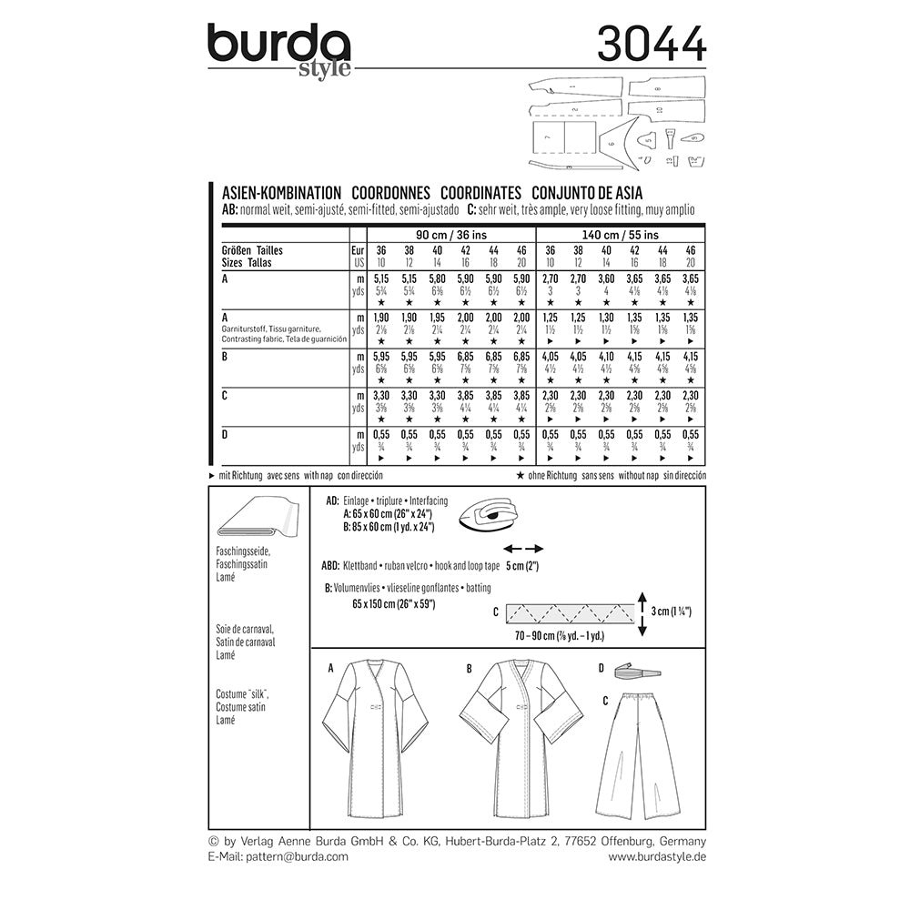 BURDA Carnival Sewing Pattern Pattern 3044 Womens Costume Pattern Asian Coordinates