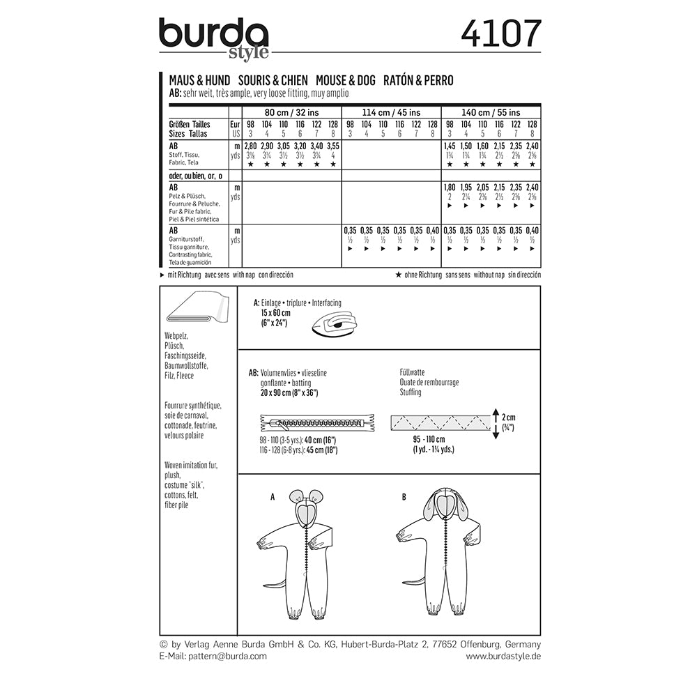 BURDA Carnival Sewing Pattern Pattern 4107 Kids Costume Pattern Mouse & Dog