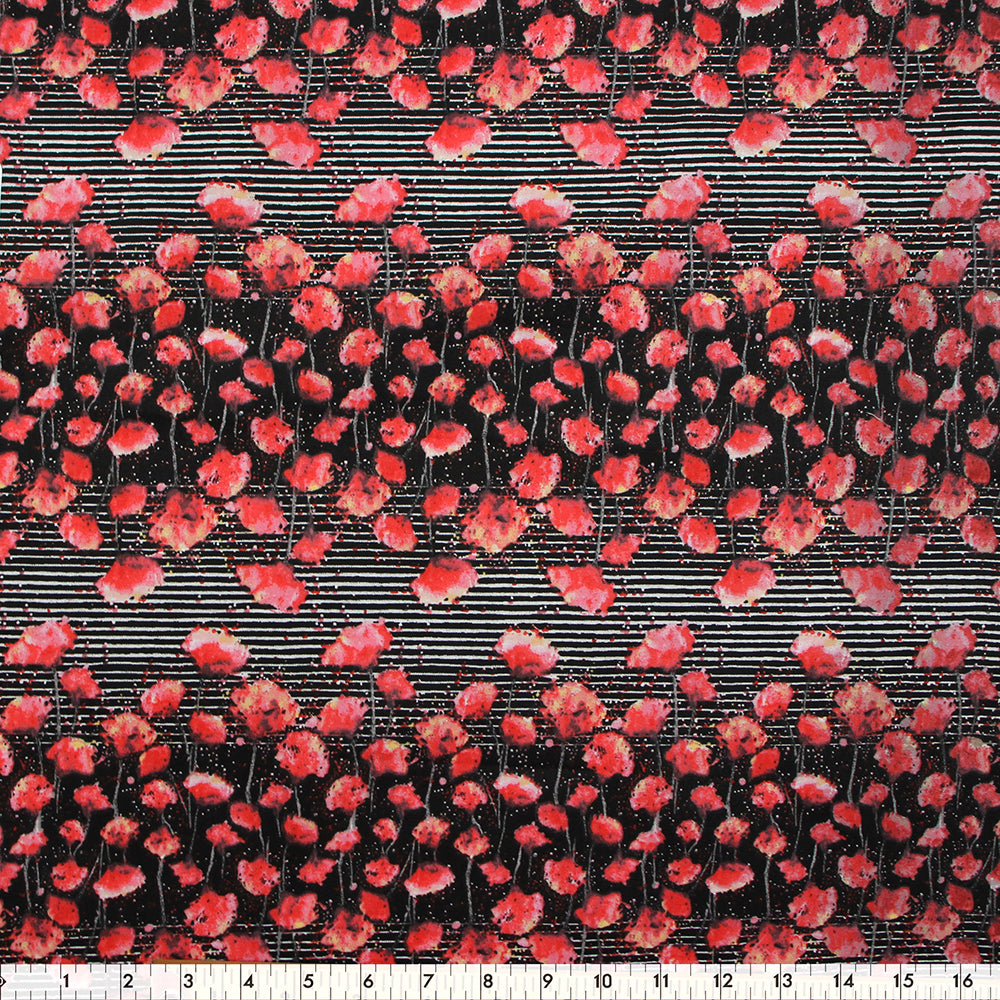 FABRIC CREATIONS 42in x 8yd Cotton Fabric Bolt - Black and White Stripes with Red Peonies