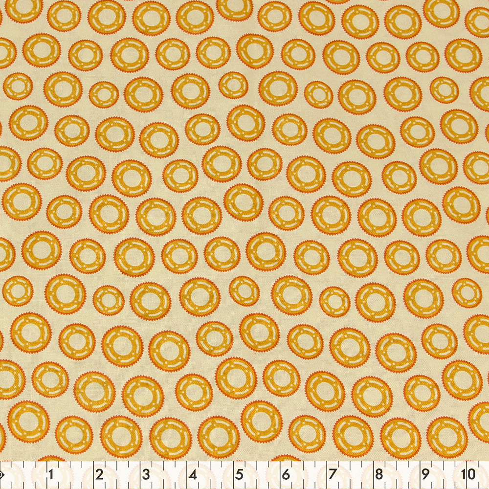 FABRIC CREATIONS 42" × 8 yd Cotton Fabric Bolt — Tan with Amber and Red Gears