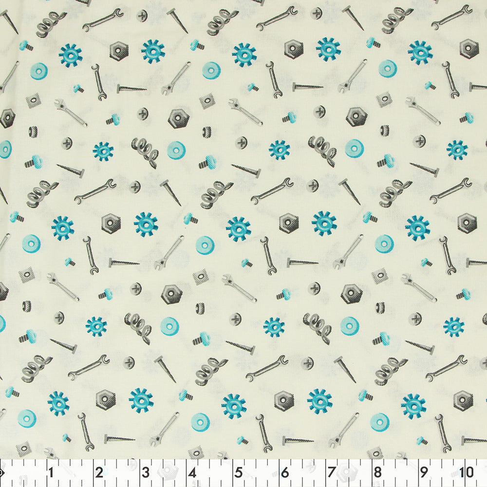 FABRIC CREATIONS 42" × 8 yd Cotton Fabric Bolt — White with Blue & Grey Mechanical Parts
