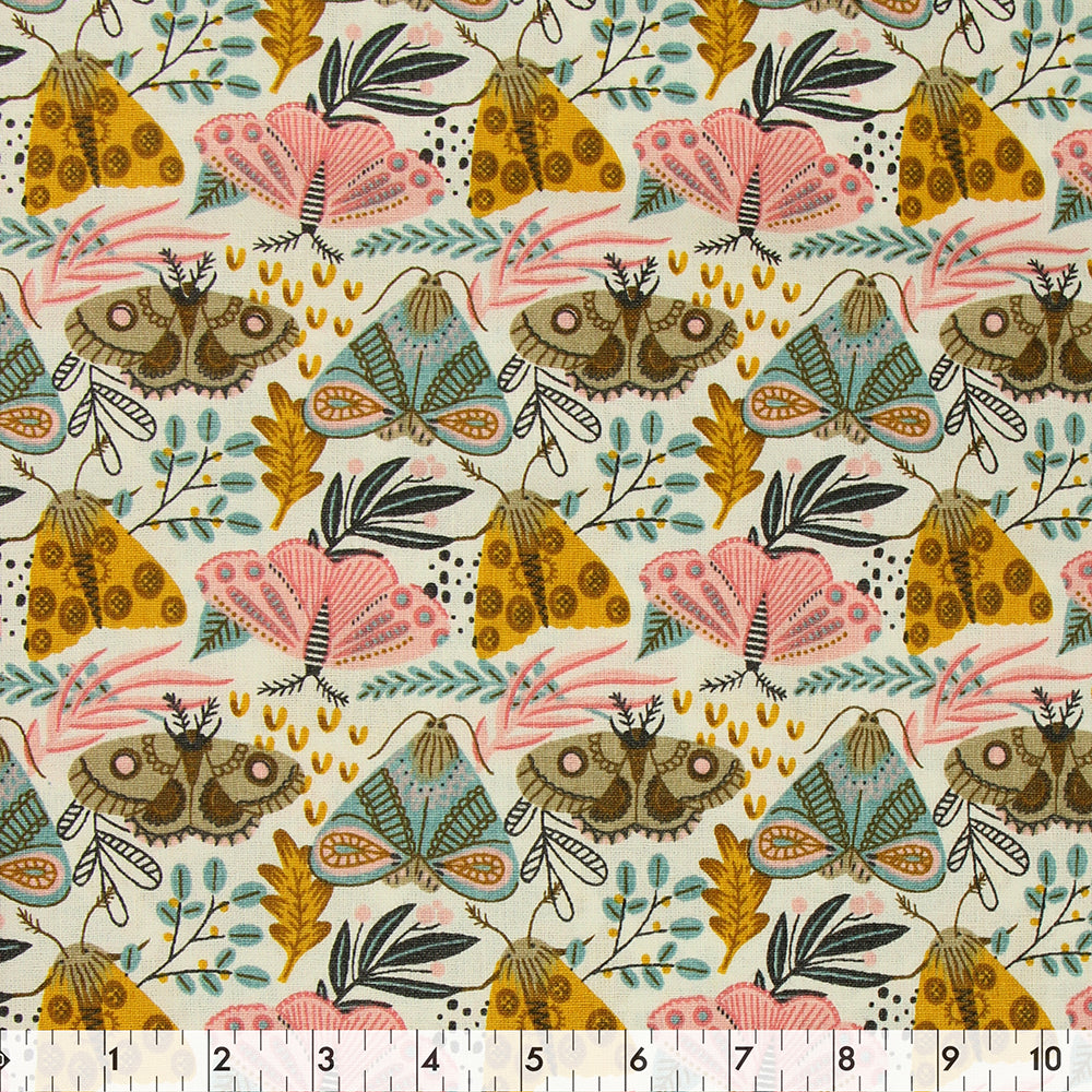 FABRIC CREATIONS 42" × 8 yd Cotton Fabric Bolt — Beige with Blue, Tan, and Pink Moths