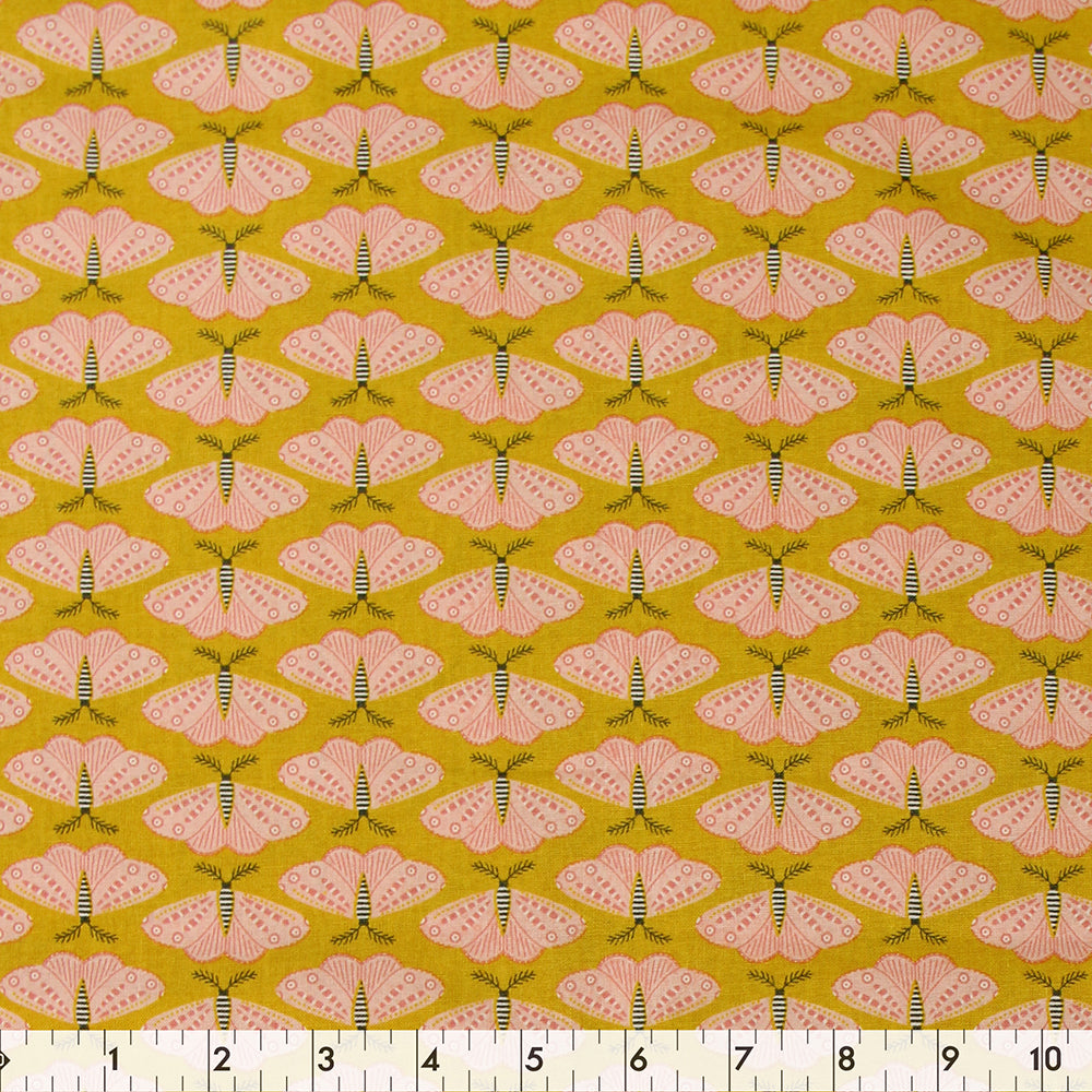 FABRIC CREATIONS 42" × 8 yd Cotton Fabric Bolt — Mustard with Pink Butterflies