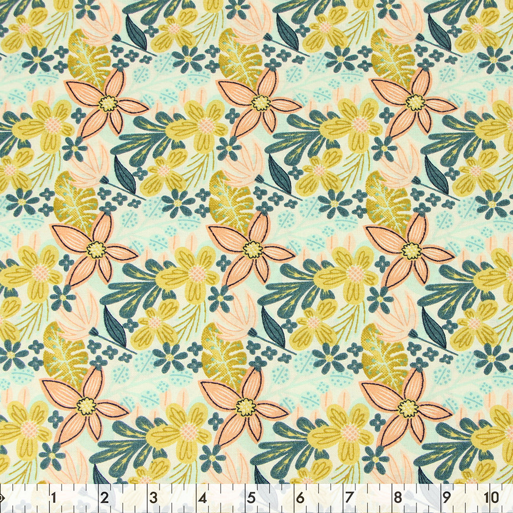 FABRIC CREATIONS 42" × 8 yd Cotton Fabric Bolt — Beige with Multicoloured Tropical Garden