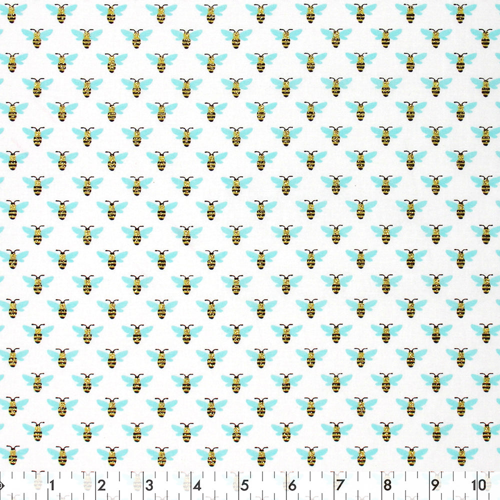 FABRIC CREATIONS Cotton Fabric Bolt — 42" × 8 yd — White with Large Metallic Bees & Aqua Wings