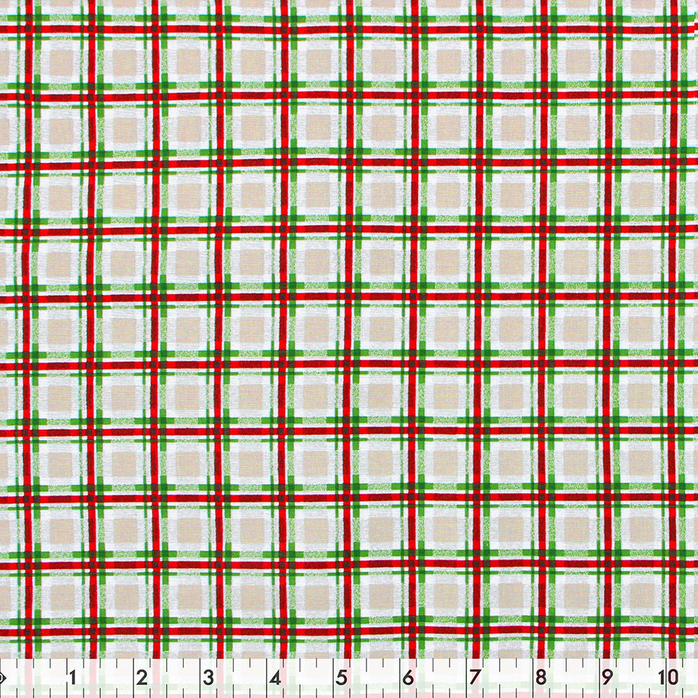 FABRIC CREATIONS Cotton Fabric Bolt — 42" × 8 yd — Tan with Red & Green Christmas Plaid