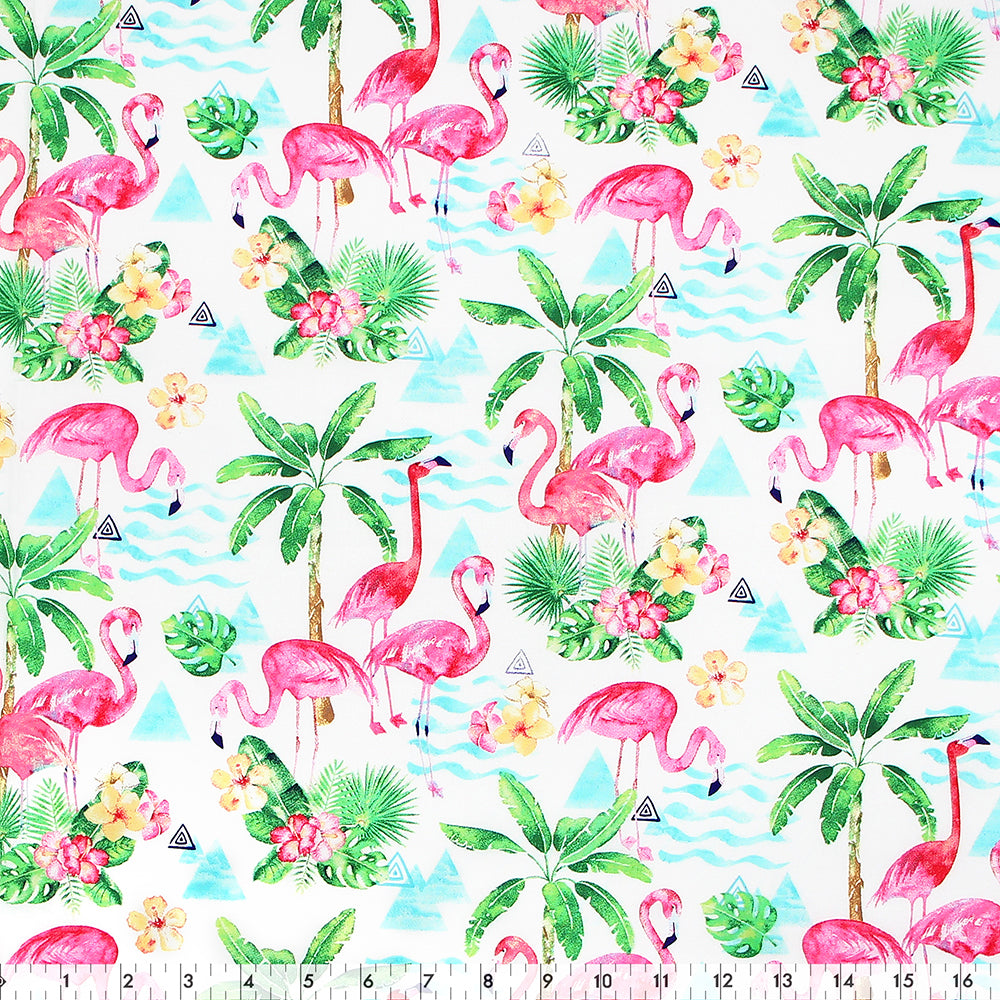 FABRIC CREATIONS 42" × 8 yd Cotton Fabric Bolt — White with Tropical Plants and Pink Flamingos