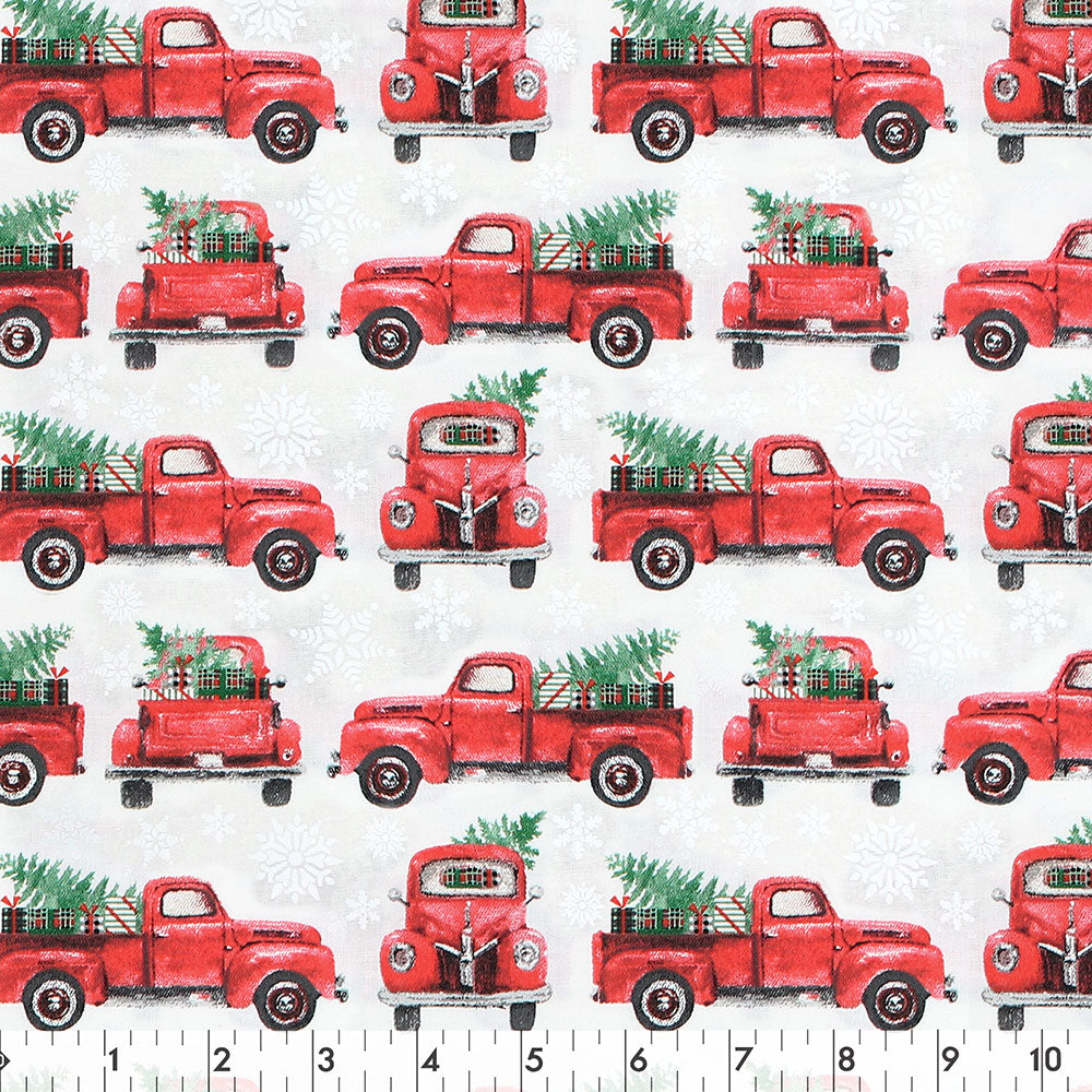 FABRIC CREATIONS 42" × 8 yd Cotton Flannel Fabric Bolt — White with Red Truck Hauling Christmas Tree and Presents