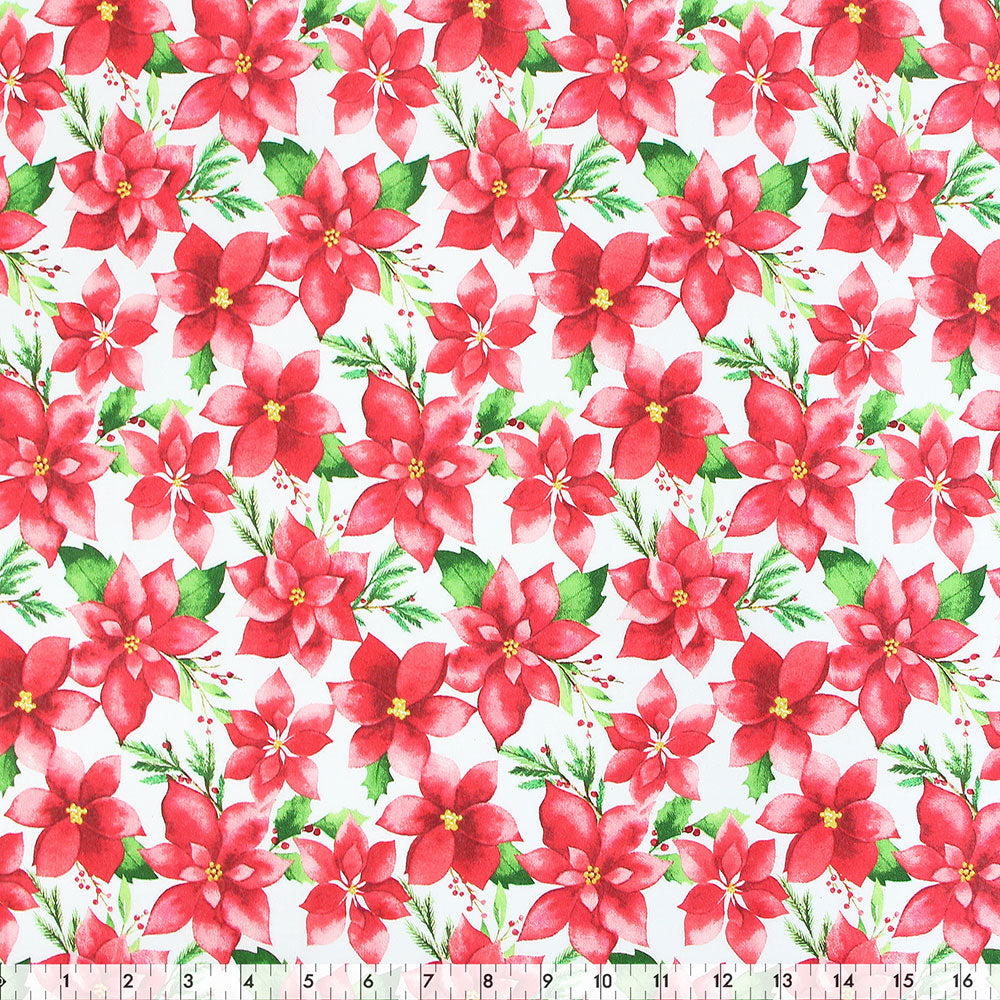 FABRIC CREATIONS 42" × 8 yd Cotton Flannel Fabric Bolt — White with Red Christmas Poinsettias