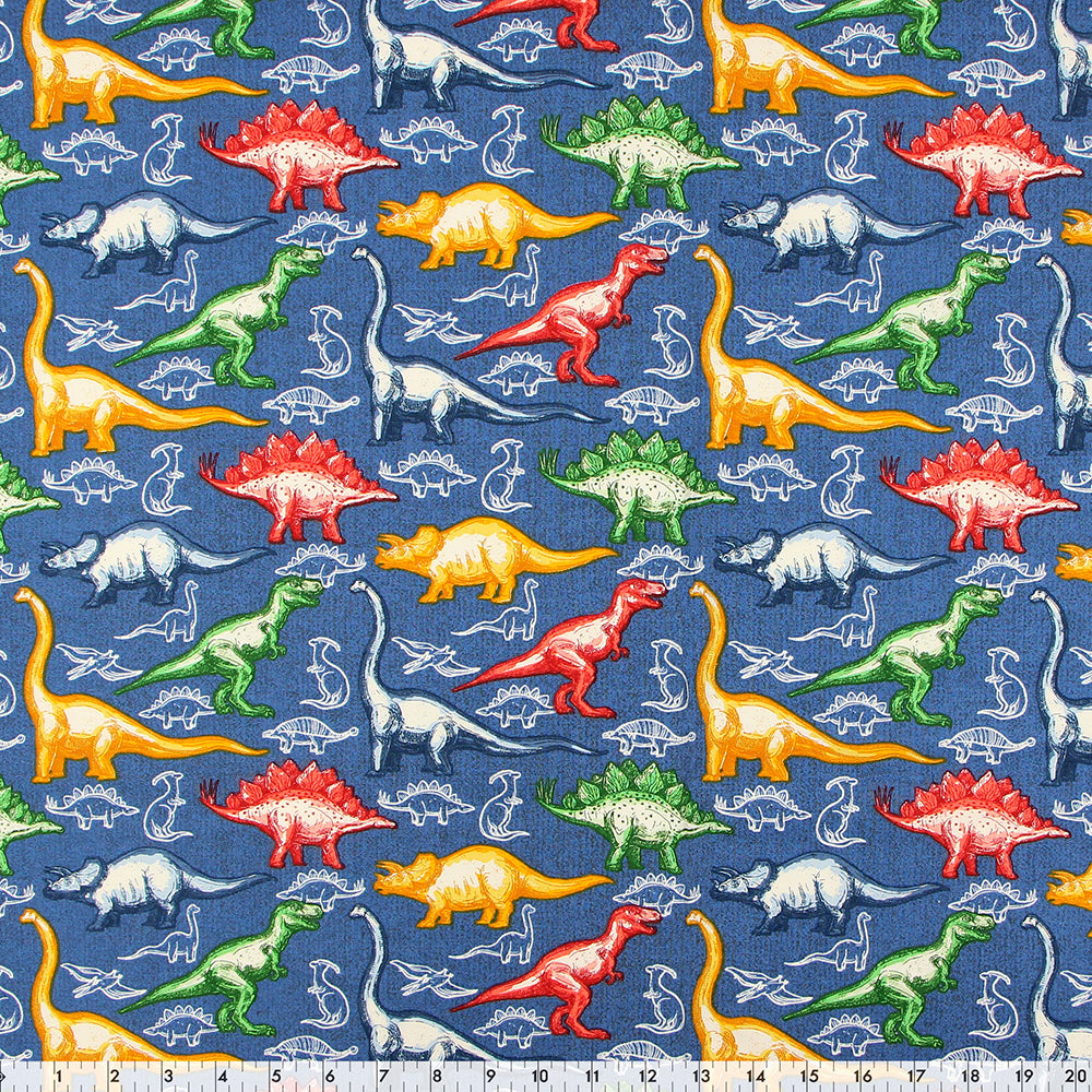 FABRIC CREATIONS Cotton Print Fabric Bolt 42 in × 8 yd (7.3 m) Blue With Bright Colourful Dinosaurs
