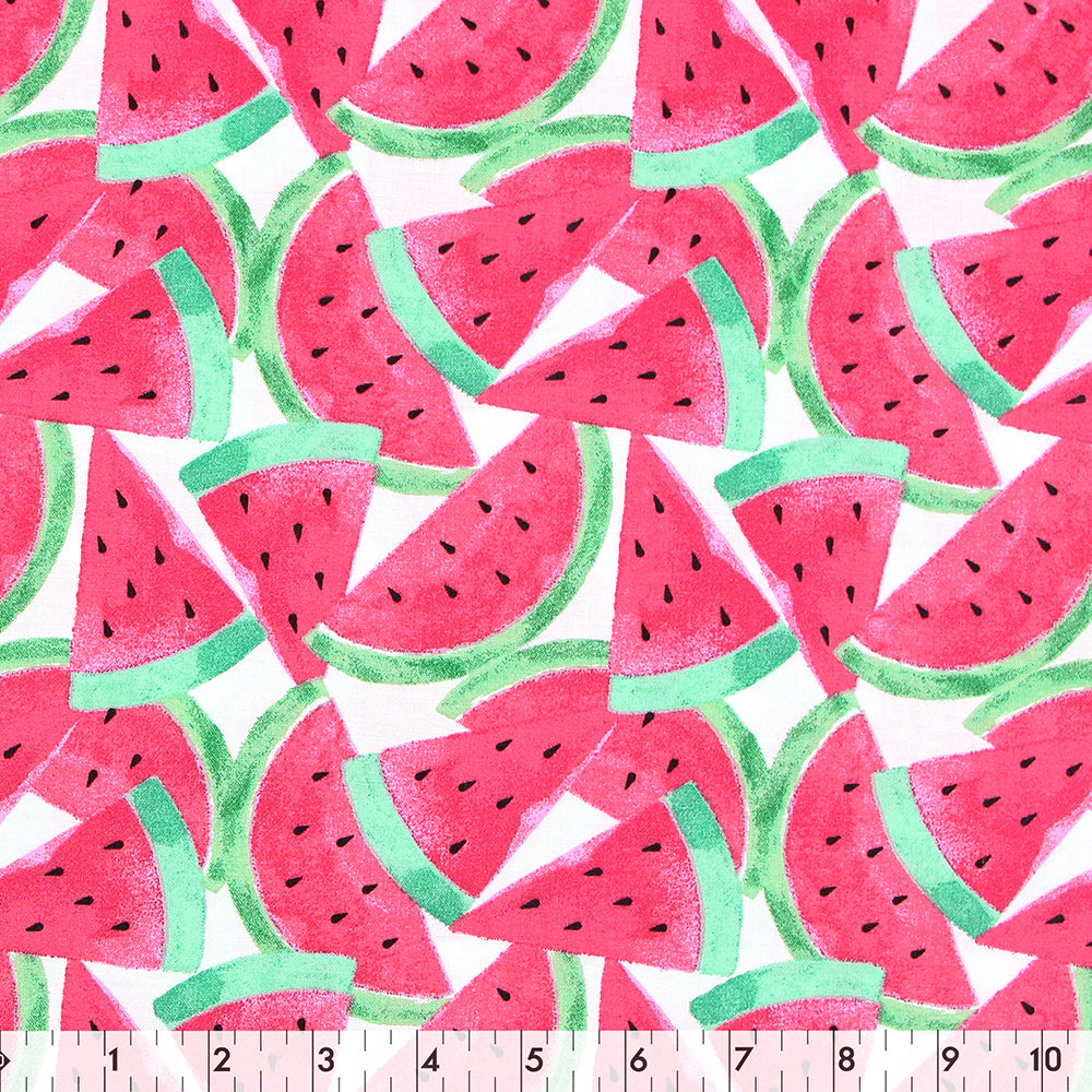 FABRIC CREATIONS 42 x 8yd Cotton Fabric Bolt - White with Pink Watermelon Slices with Seeds
