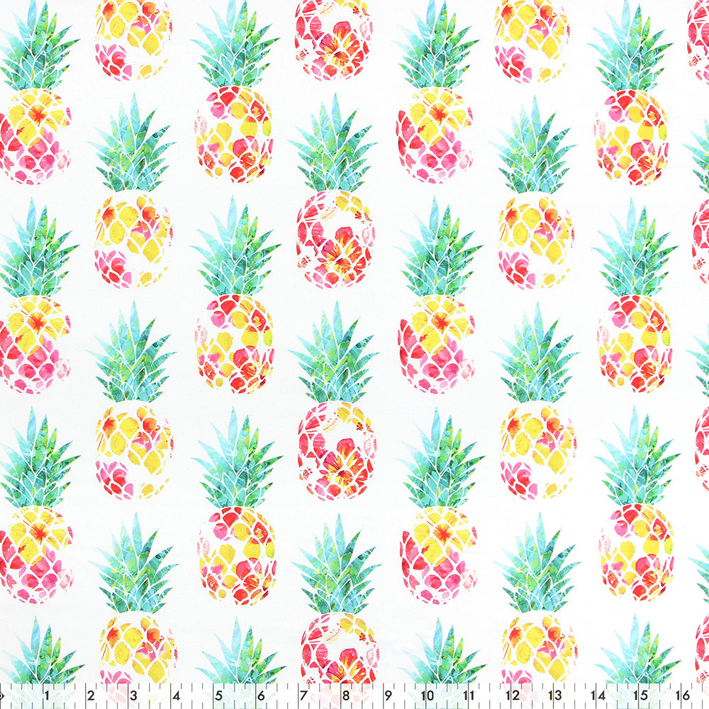 Fabric Creations Cotton Fabric Bolt 42 in × 8 yd White with Pink and Yellow Watercolour Pineapples