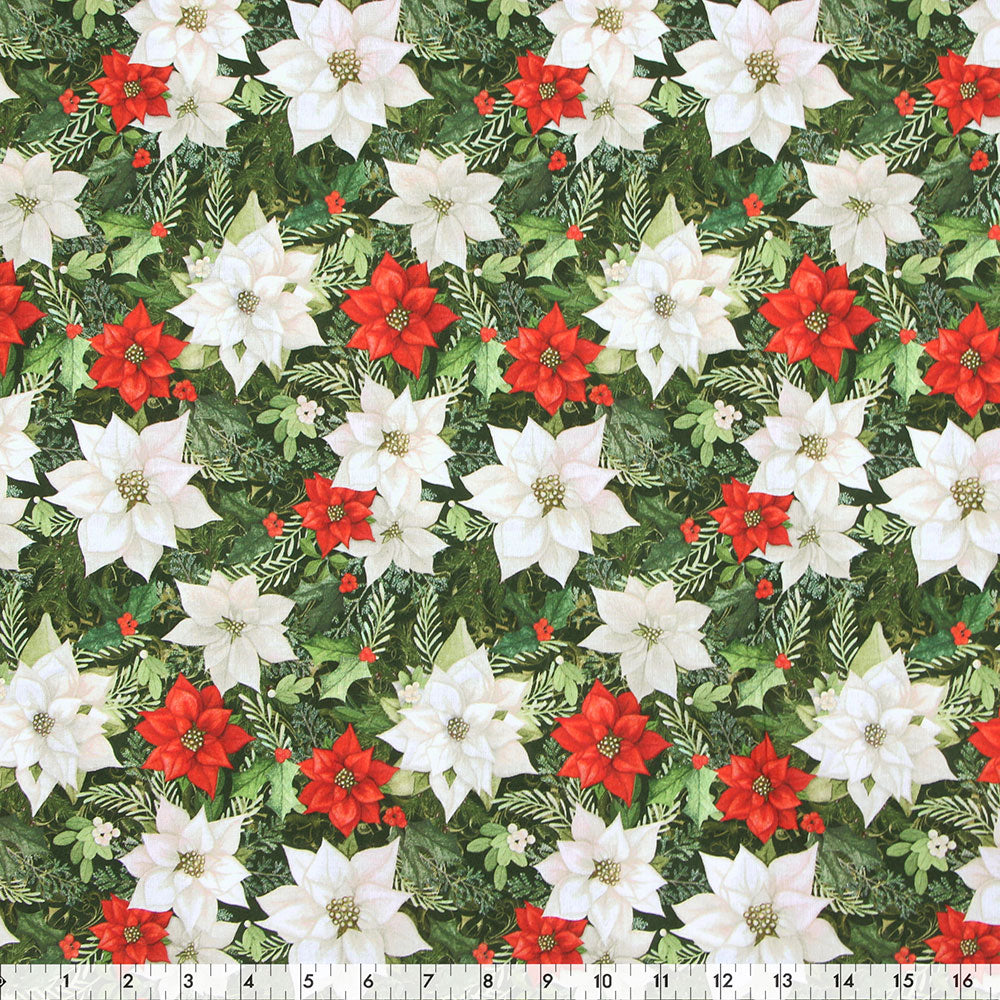 FABRIC CREATIONS 45" × 15 yd Cotton Fabric Bolt — Green with Christmas Poinsettias