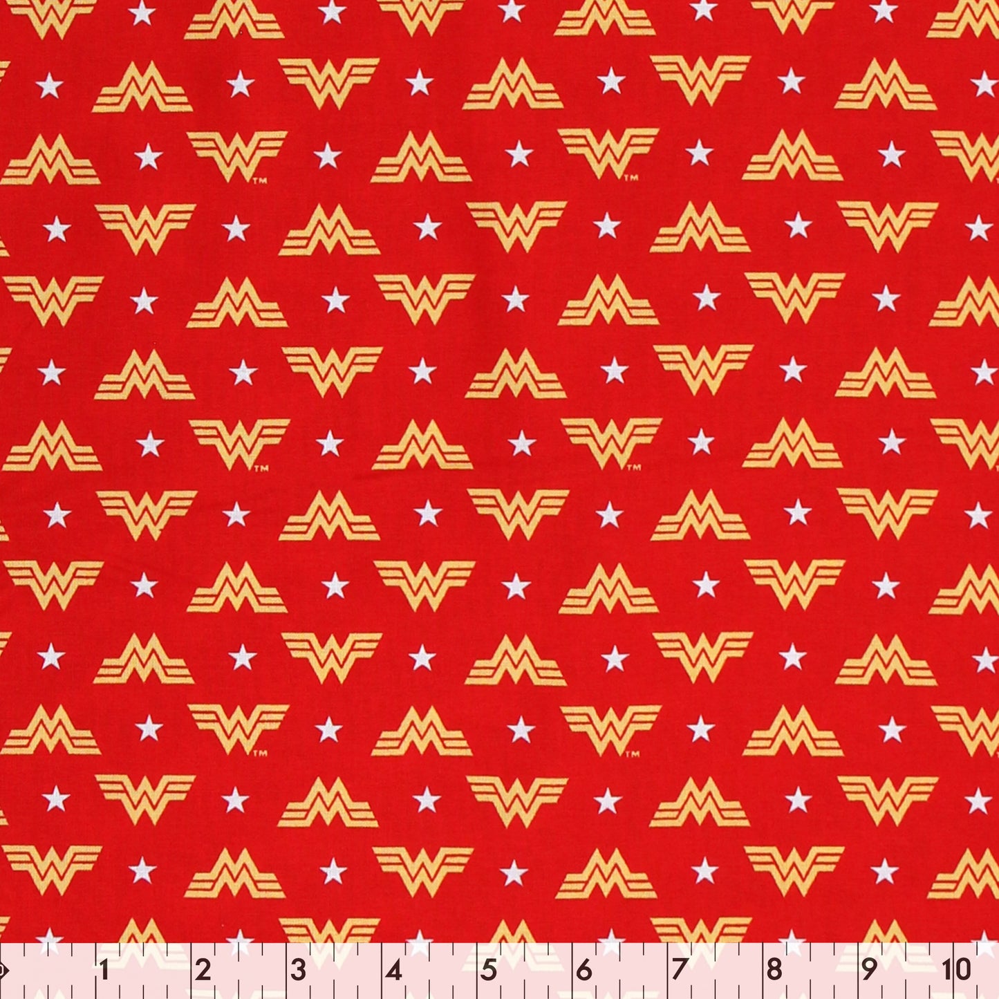 FABRIC CREATIONS 44 in. x 8yd Licensed Cotton Fabric Bolt - Red with Yellow Comic DC Wonder Woman Logo