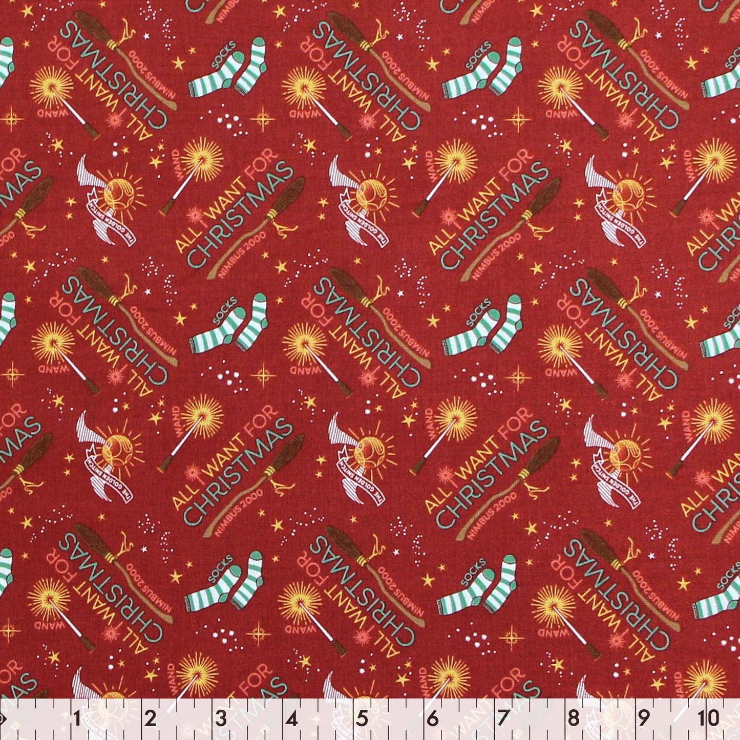 FABRIC CREATIONS 44 in. x 8yd Licensed Cotton Fabric Bolt - Red with Christmas Harry Potter Magical Wish List