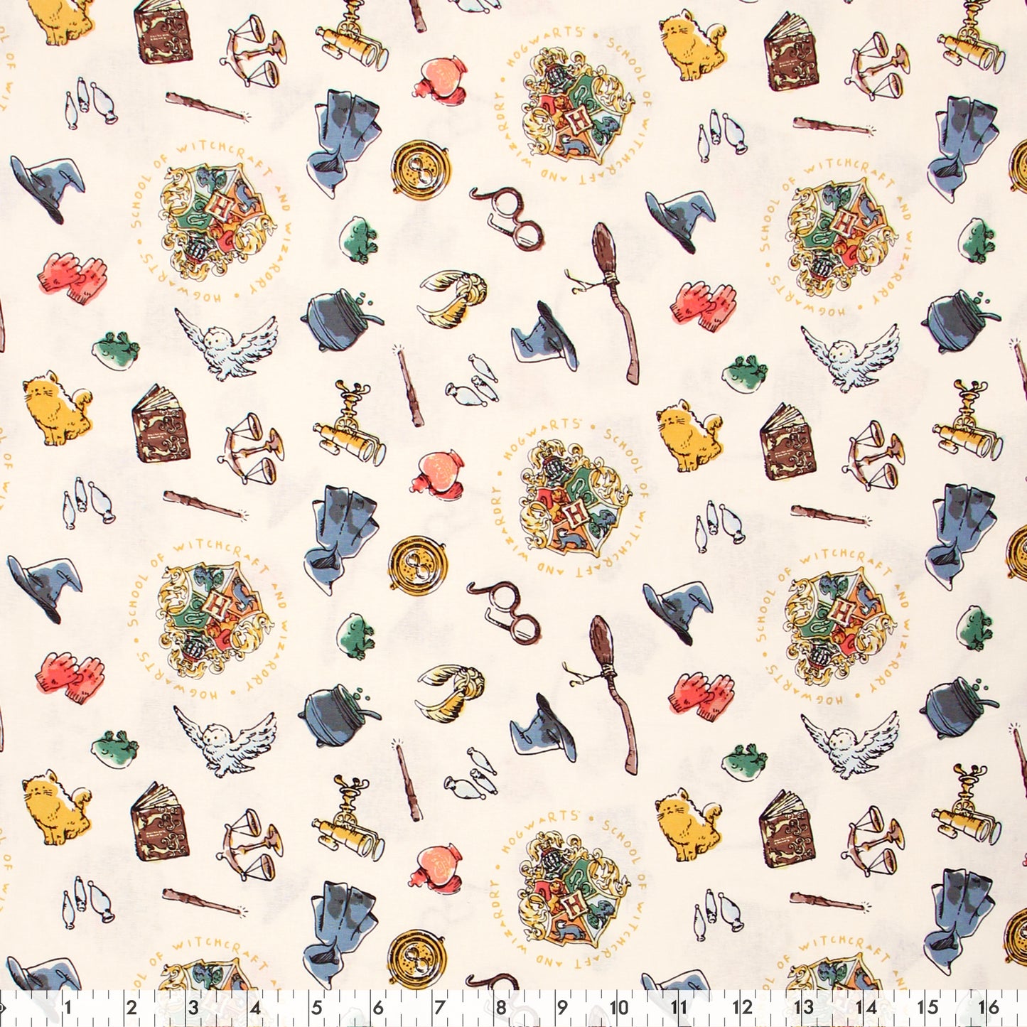 FABRIC CREATIONS 44 in. x 8yd Licensed Cotton Fabric Bolt - Cream with Harry Potter Magical Icons