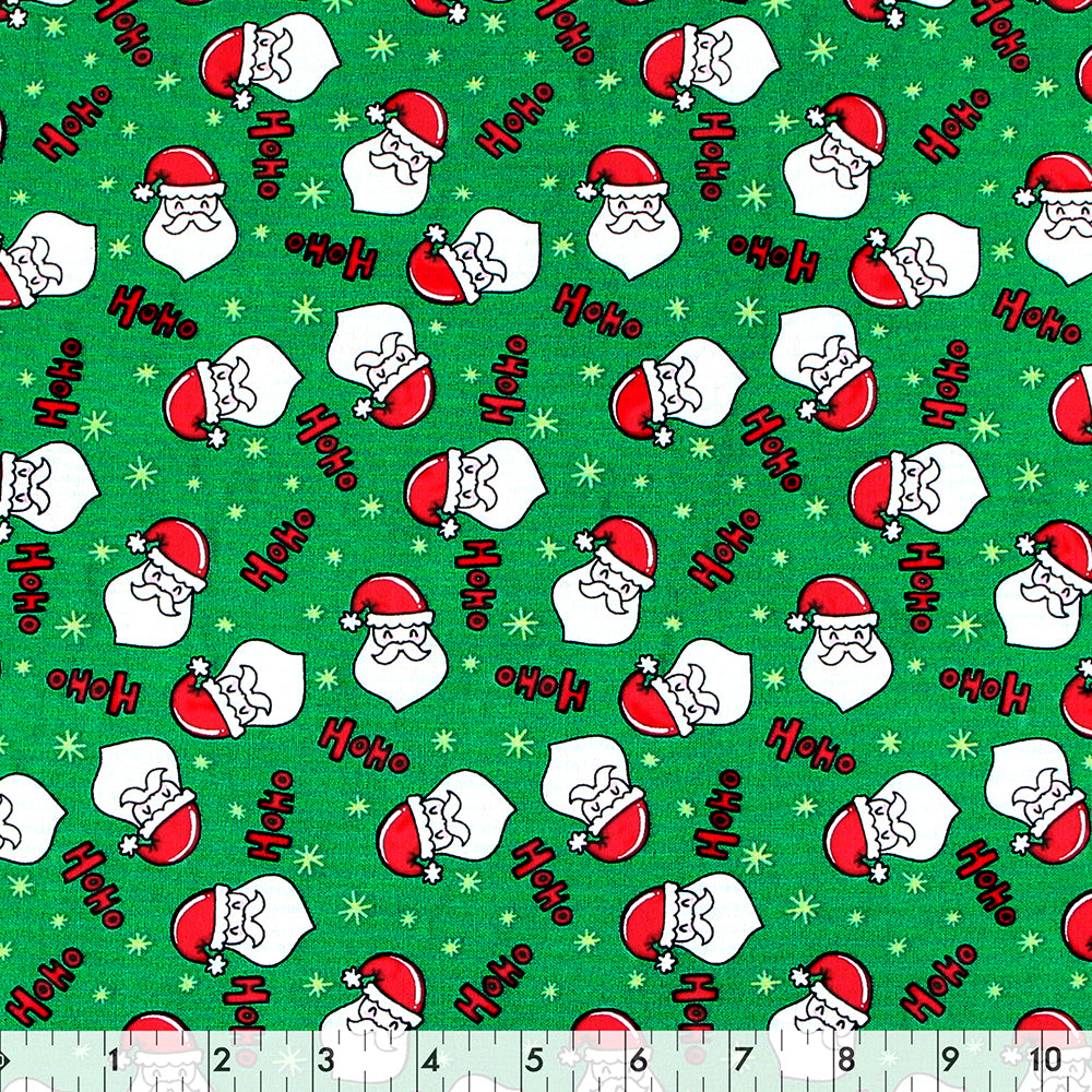 FABRIC CREATIONS 42" × 8 yd Cotton Flannel Fabric Bolt — Green with Christmas Santa Face and “HoHo”