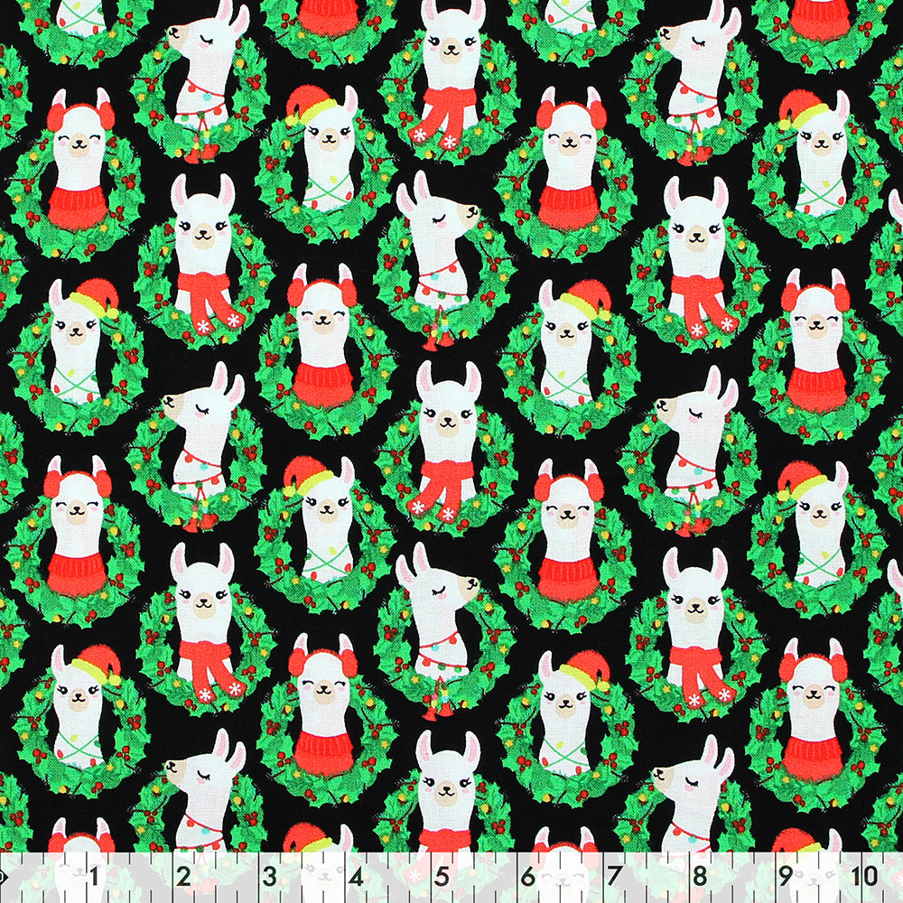 FABRIC CREATIONS 42" × 8 yd Cotton Flannel Fabric Bolt — Black with Green Christmas Wreaths and White Llamas