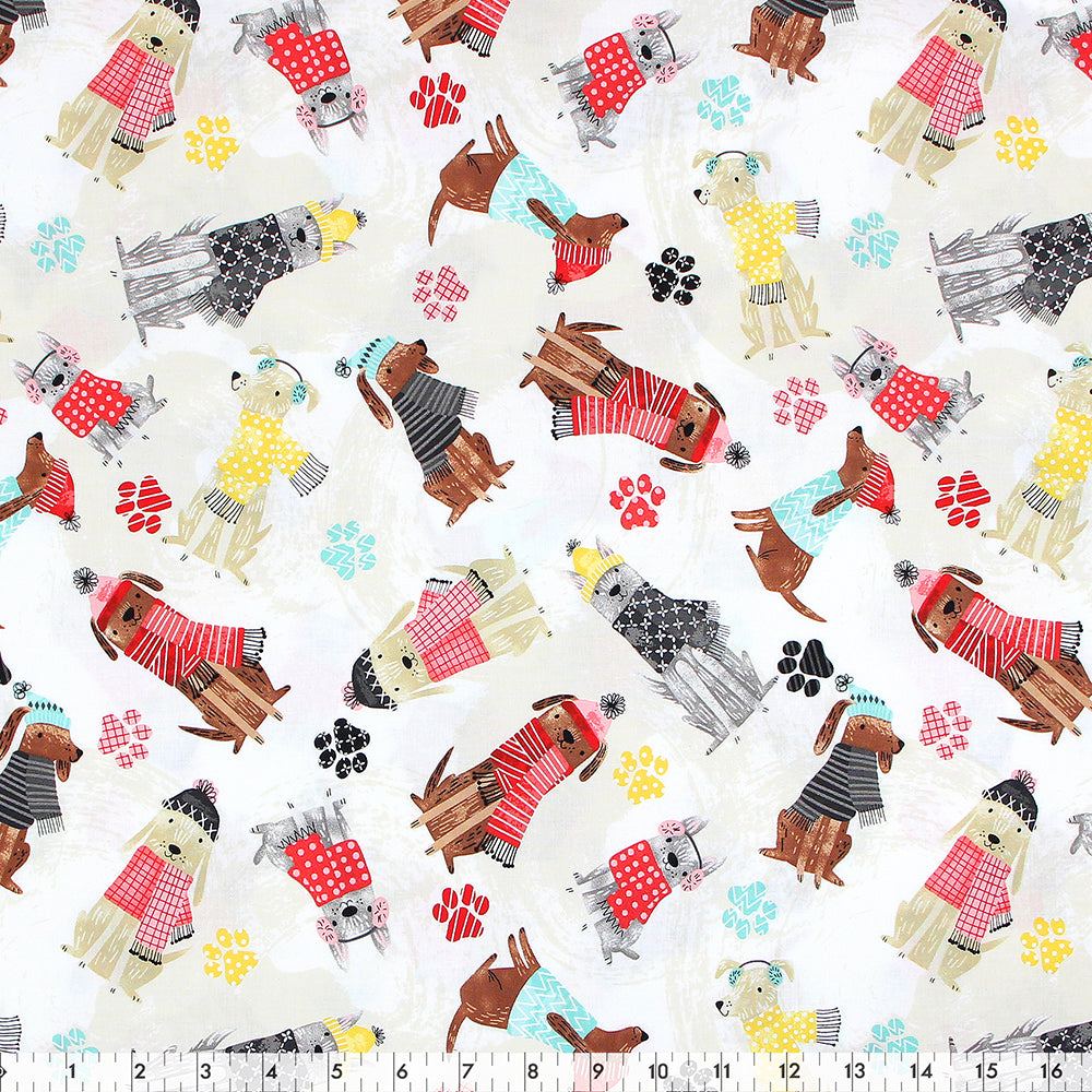 FABRIC CREATIONS 42" × 8 yd Cotton Flannel Fabric Bolt — White with Christmas Dogs in Holiday Sweaters