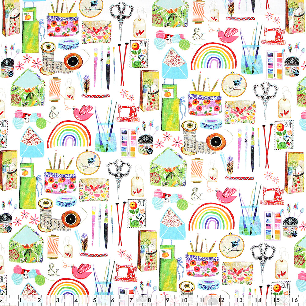 FABRIC CREATIONS 42" × 8 yd Cotton Flannel Fabric Bolt — White with Colourful Arts and Crafts Supplies and Rainbows