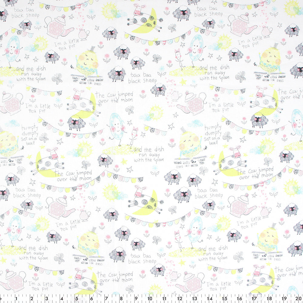 FABRIC CREATIONS 42" × 8 yd Cotton Fabric Bolt — White with Colourful Drawn Nursery Rhyme Characters