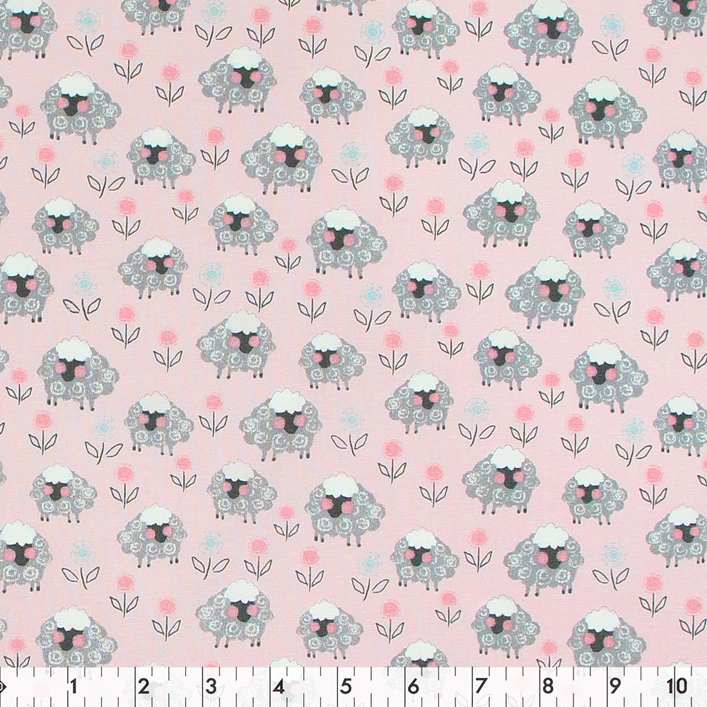 FABRIC CREATIONS 42" × 8 yd Cotton Fabric Bolt — Pink with Grey Sheep and Flowers