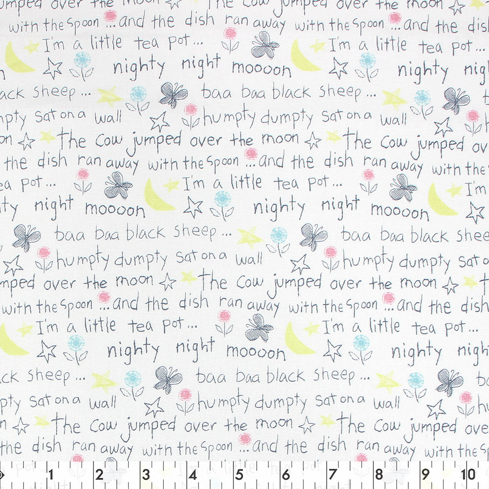 FABRIC CREATIONS 42" × 8 yd Cotton Fabric Bolt — White with Black Written Nursery Rhyme Verses