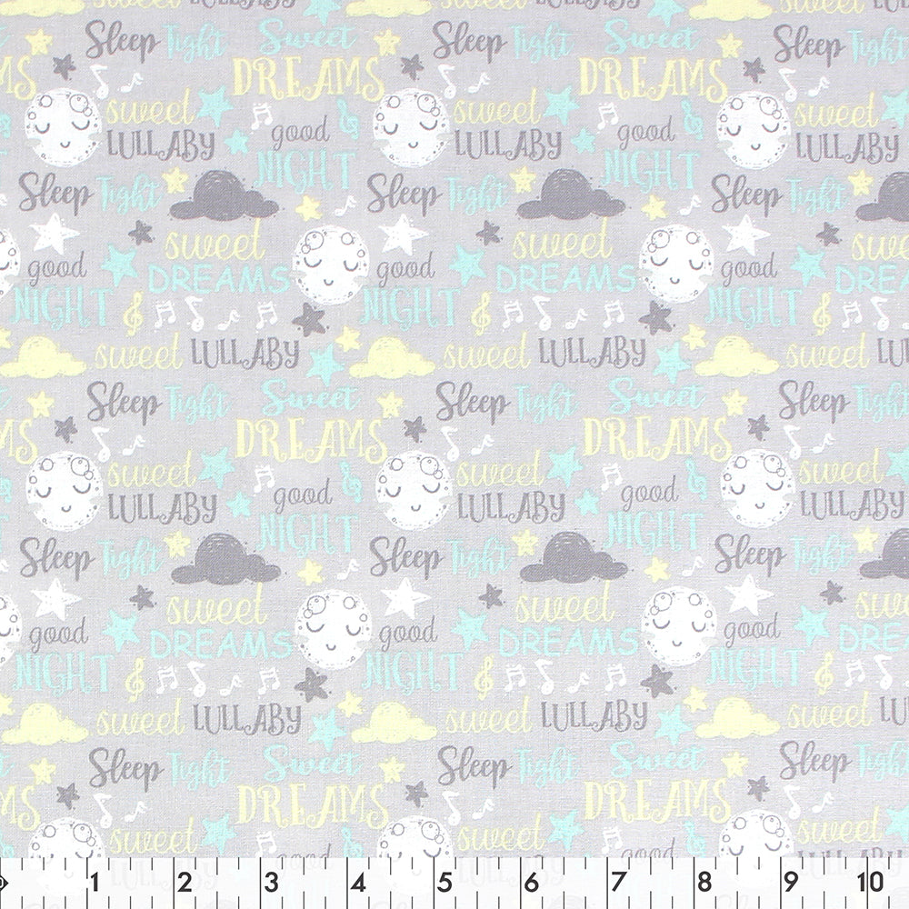 FABRIC CREATIONS 42" × 8 yd Cotton Fabric Bolt — Purple with Sleeping Moons and Bedtime Verses