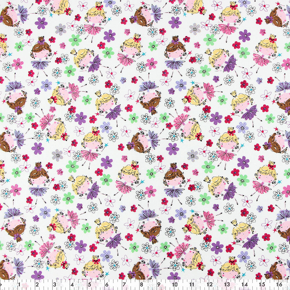 FABRIC CREATIONS Cotton Fabric Bolt 42 in × 8 yd White with Little Girls in Purple and Pink Dresses with Flowers