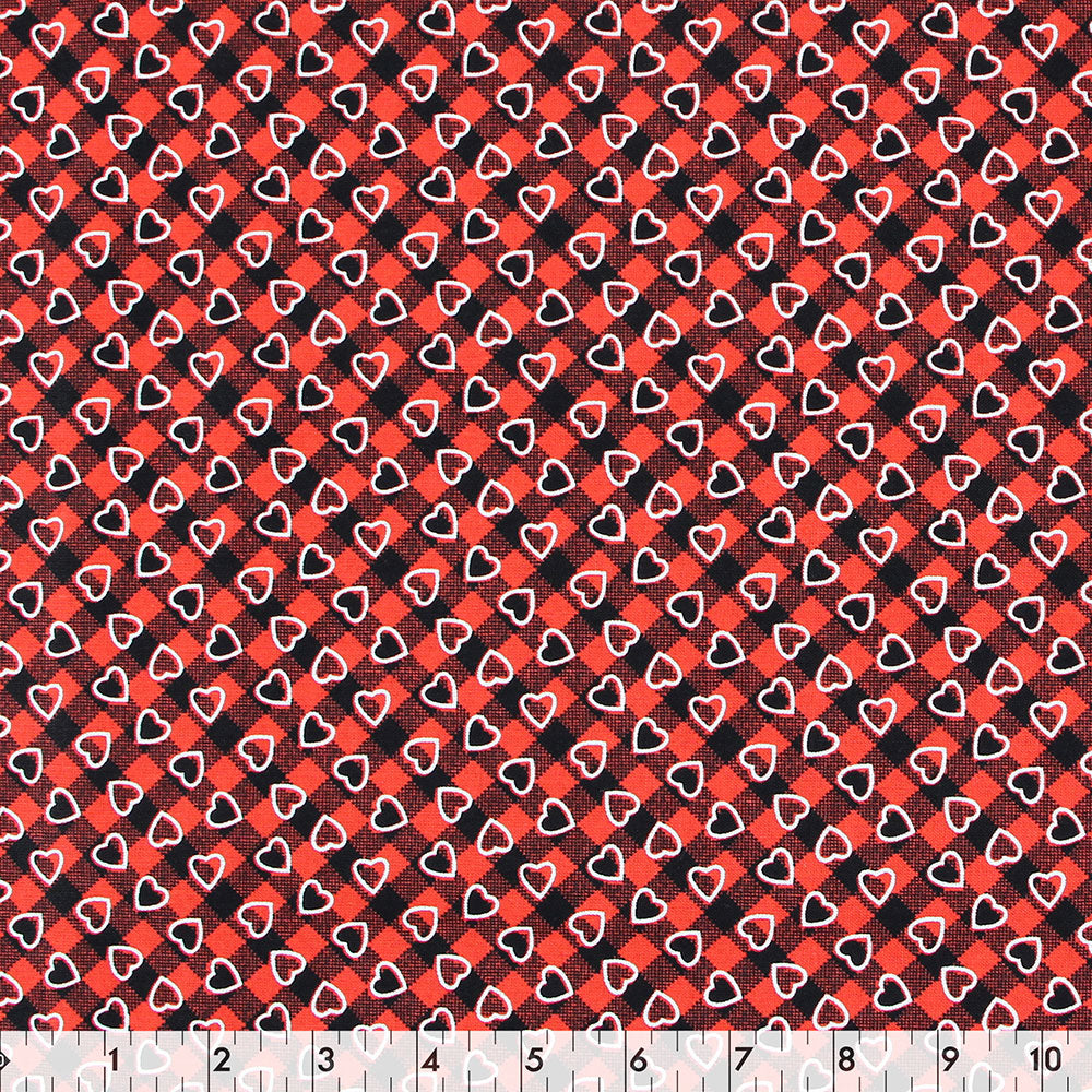 FABRIC CREATIONS 42 x 8yd Cotton Fabric Bolt - Red and Black Plaid with White Hearts
