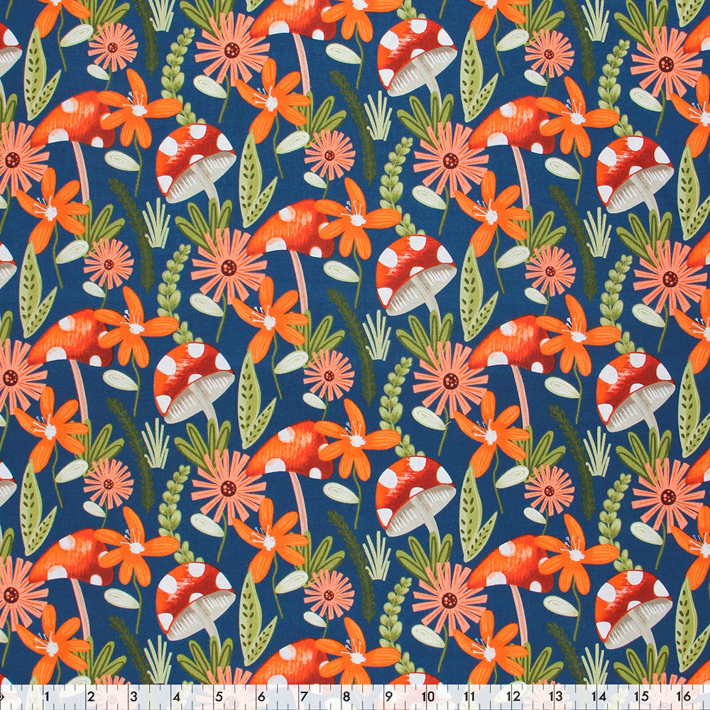 FABRIC CREATIONS 42" × 8 yd Cotton Fabric Bolt — Navy Blue with Red Mushrooms and Flowers with Green Leaves