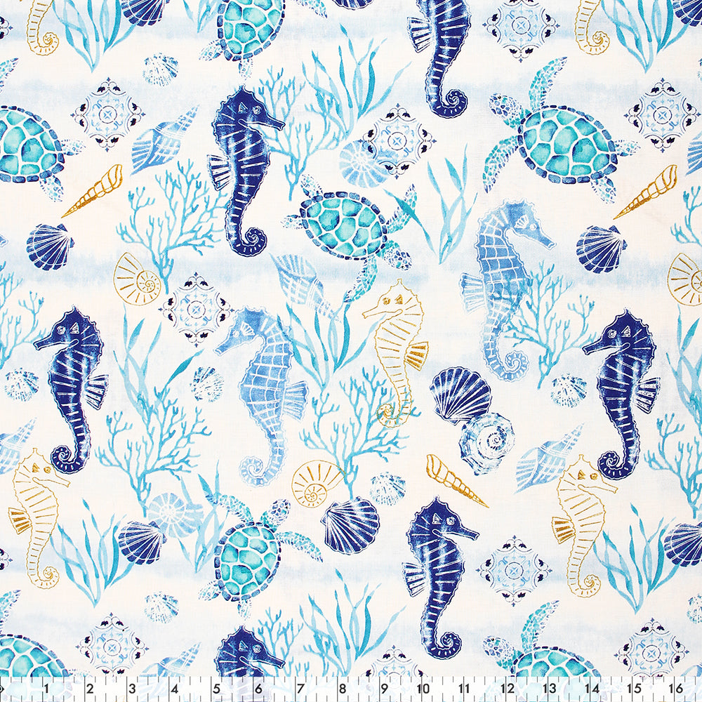 FABRIC CREATIONS 42" × 8 yd Cotton Fabric Bolt — White and Blue Sea Creatures, Coral and Shells